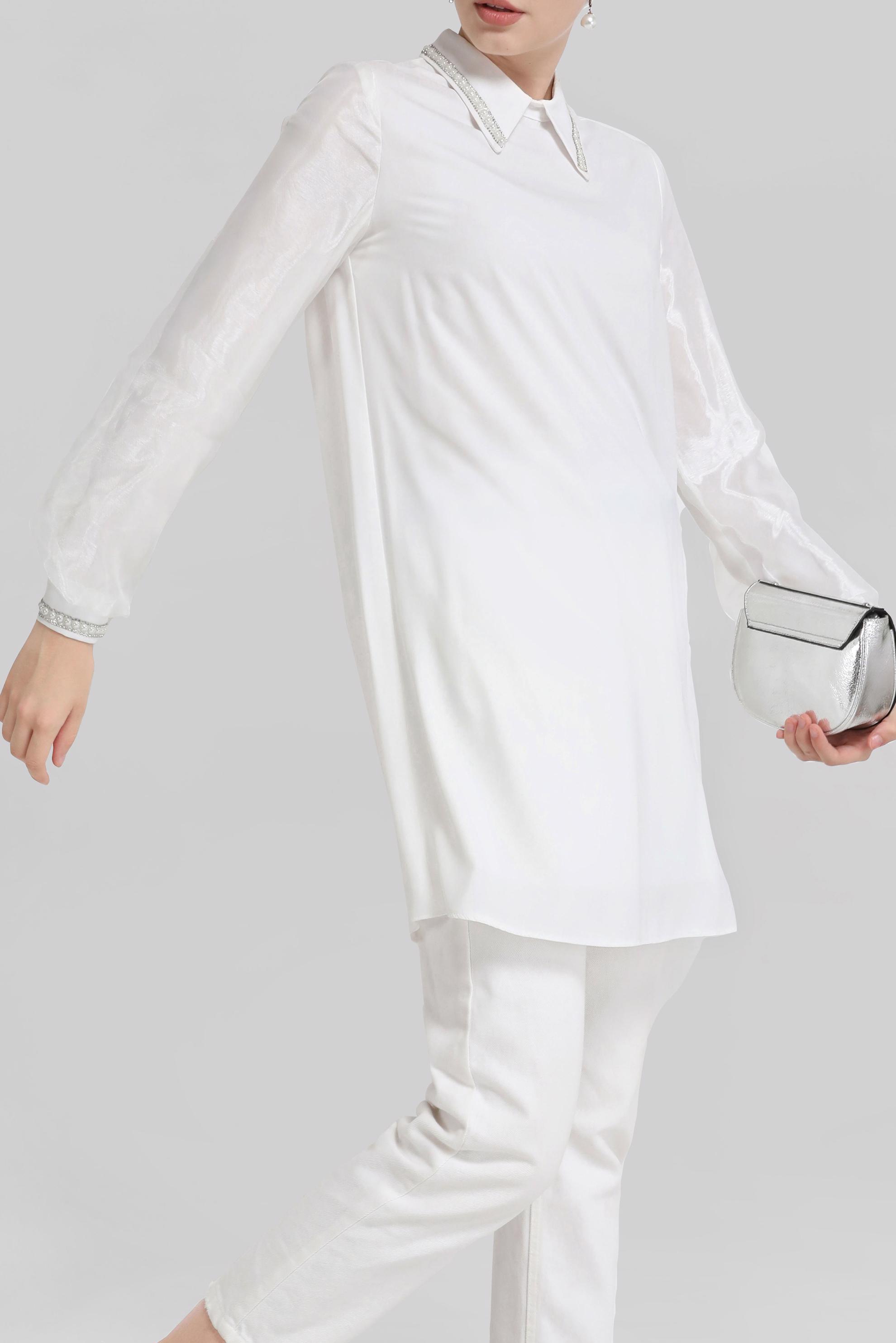 Tesettür giyim BEYAZ MANŞETLERİ VE YAKASI İNCİ İŞLEMELİ TUNİK 41772