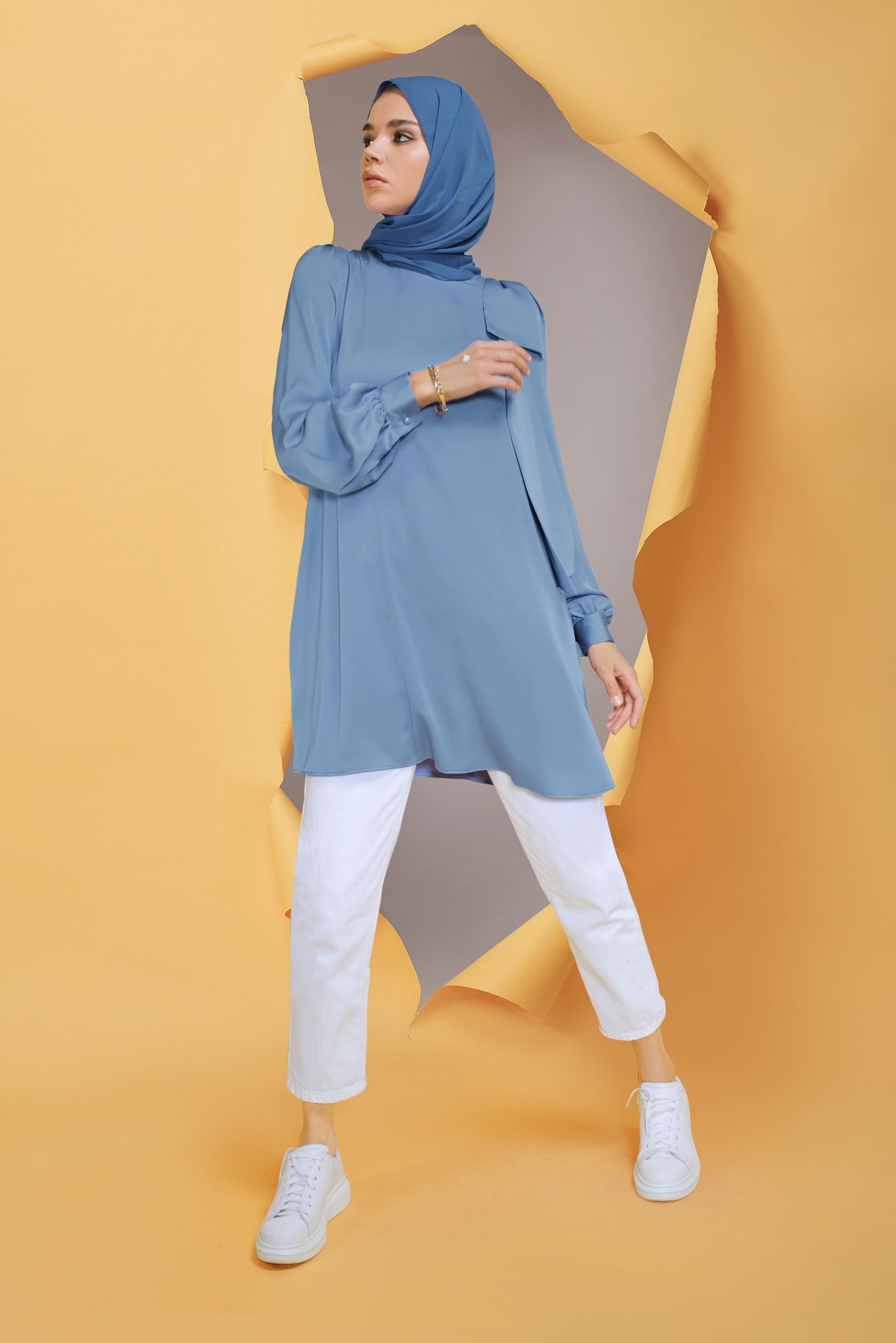 Tesettür giyim MAVİ YUVARLAK YAKA FİYONK DETAYLI TUNİK 41773