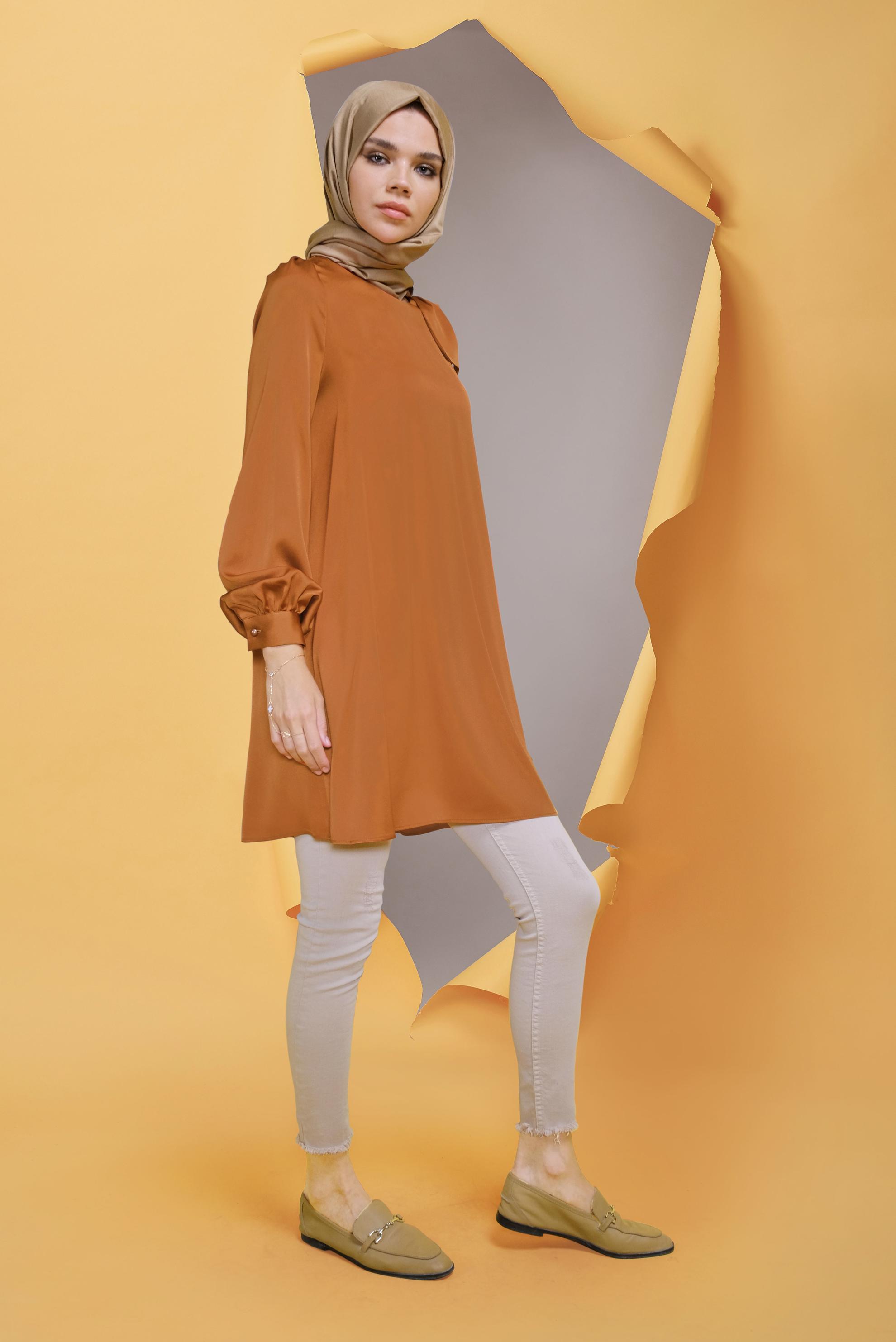 Tesettür giyim TURUNCU YUVARLAK YAKA FİYONK DETAYLI TUNİK 41773