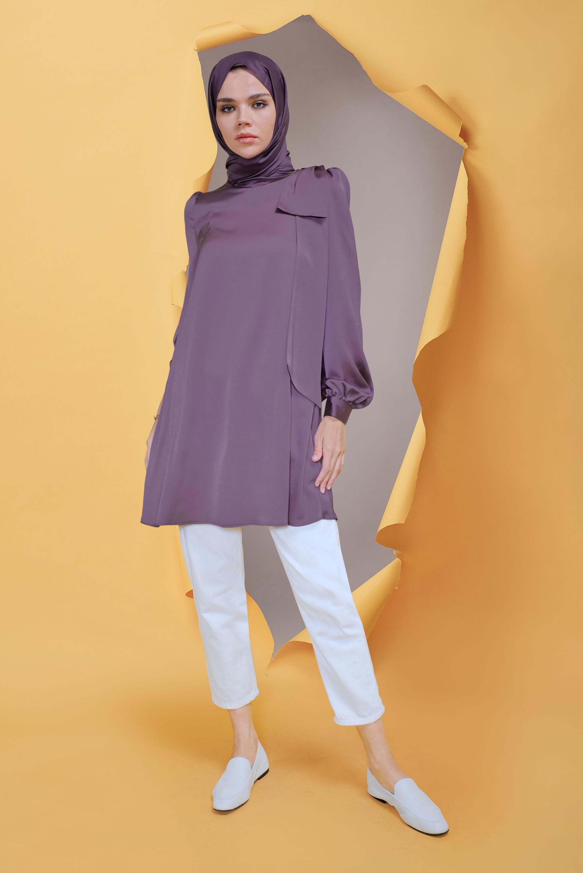 Tesettür giyim MOR YUVARLAK YAKA FİYONK DETAYLI TUNİK 41773