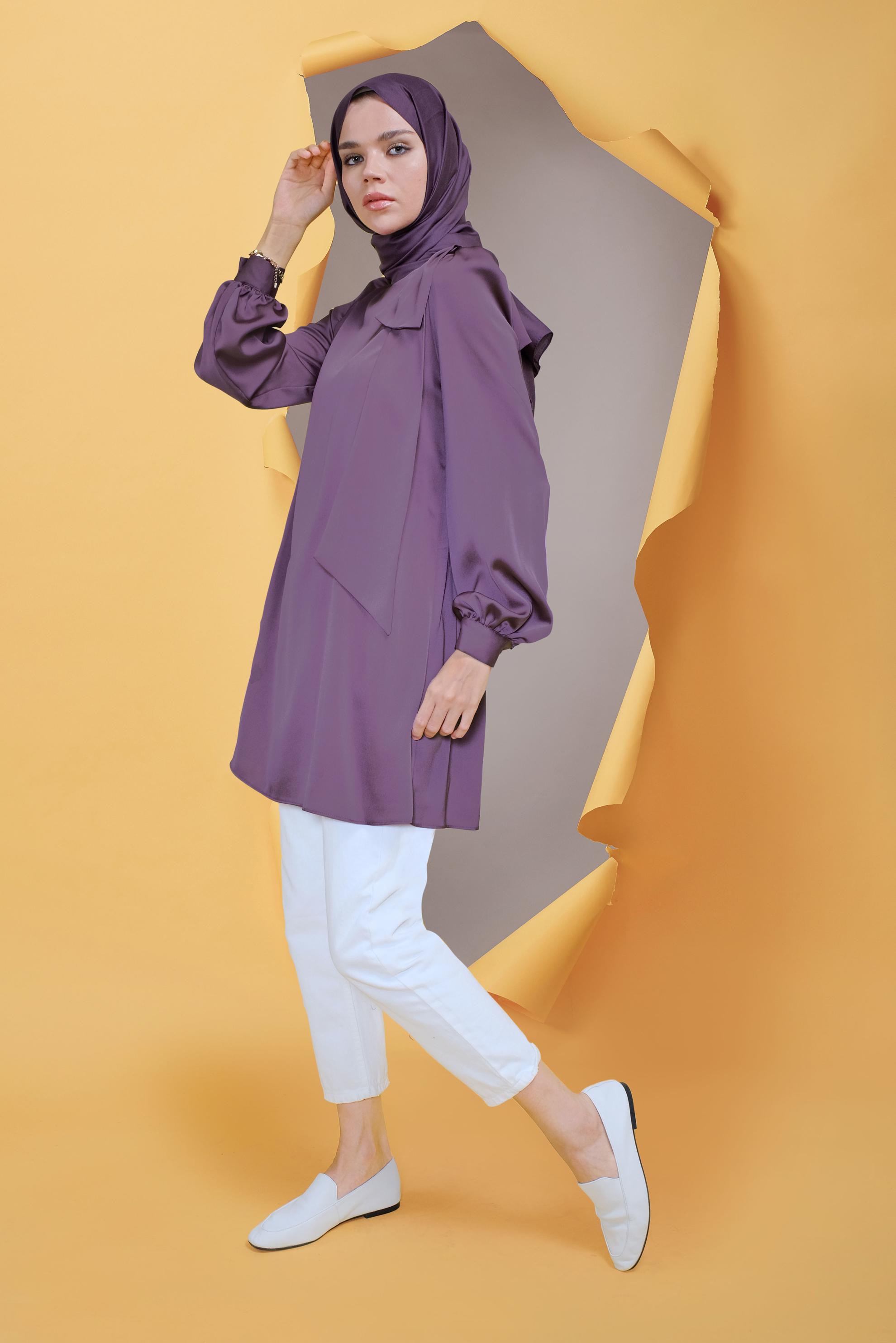 Tesettür giyim MOR YUVARLAK YAKA FİYONK DETAYLI TUNİK 41773