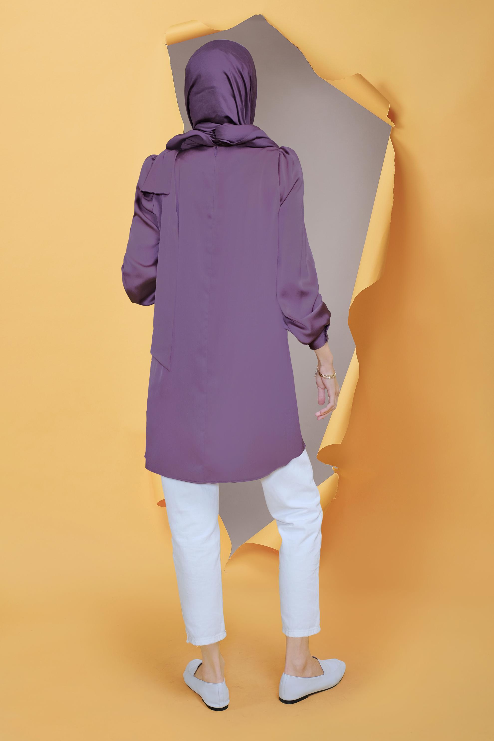 Tesettür giyim MOR YUVARLAK YAKA FİYONK DETAYLI TUNİK 41773