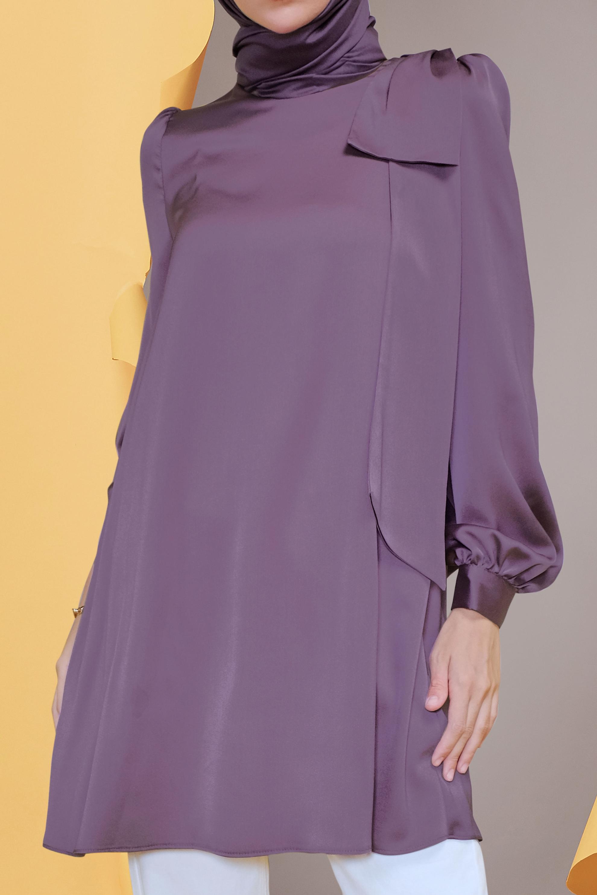 Tesettür giyim MOR YUVARLAK YAKA FİYONK DETAYLI TUNİK 41773
