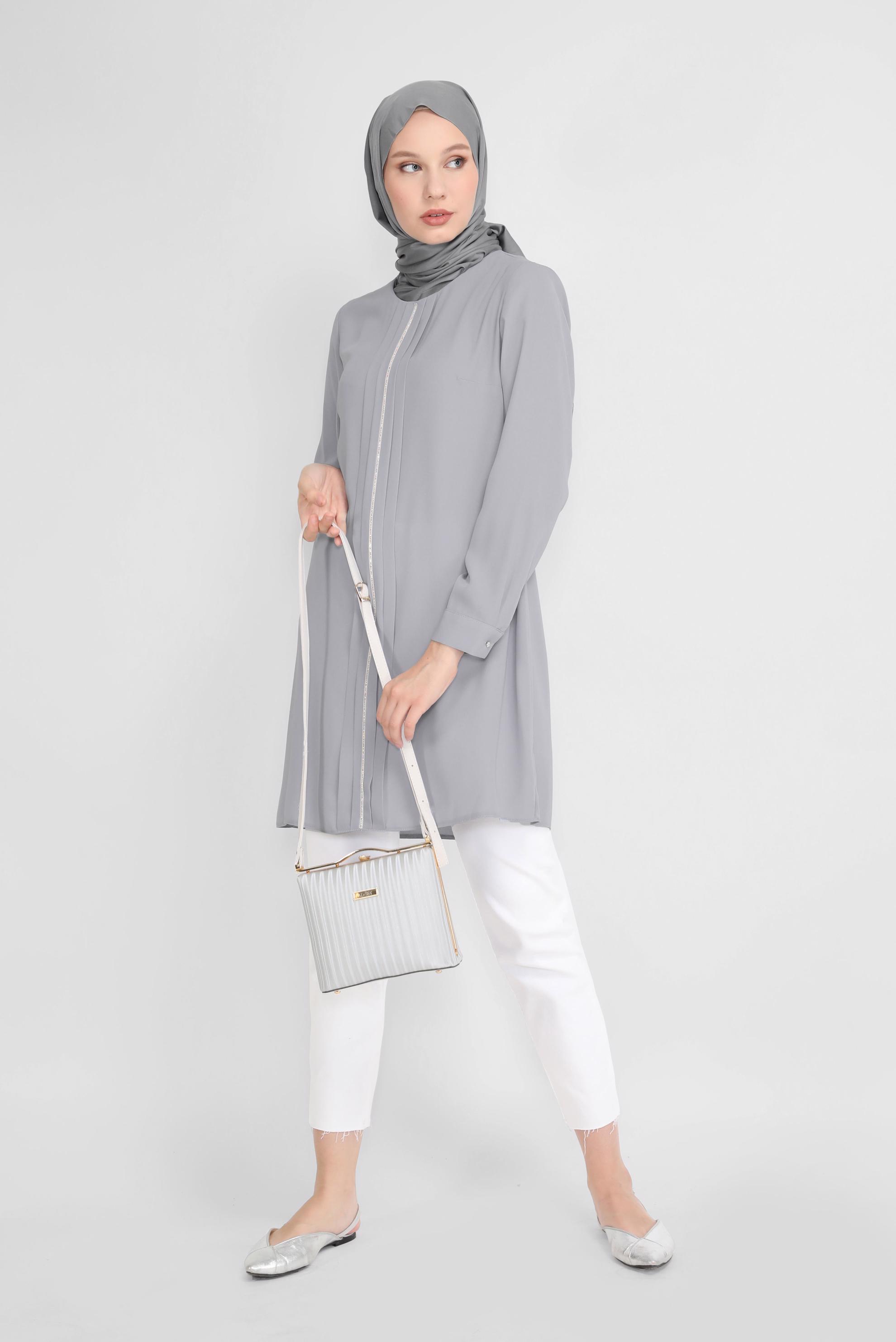 Tesettür giyim GRİ TAŞ BASKILI TUNİK 41774 