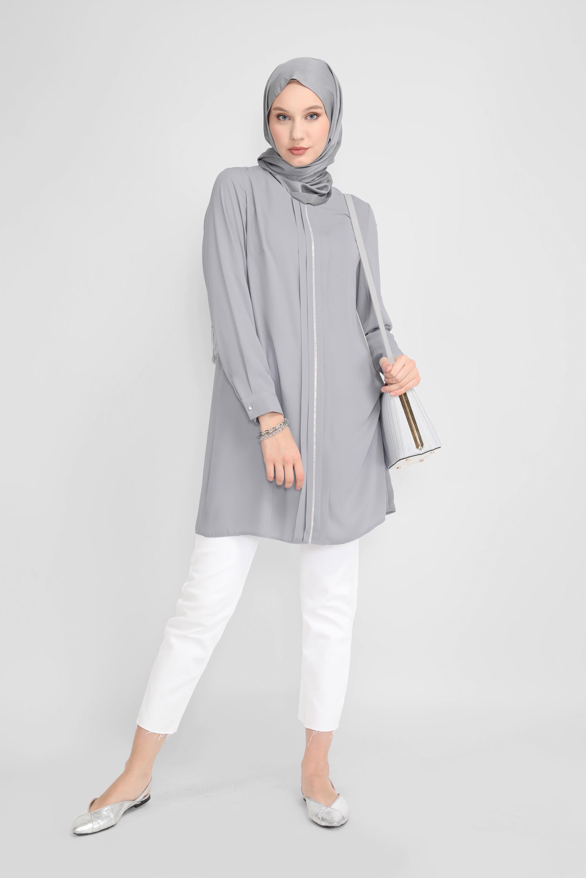 Tesettür giyim GRİ TAŞ BASKILI TUNİK 41774 