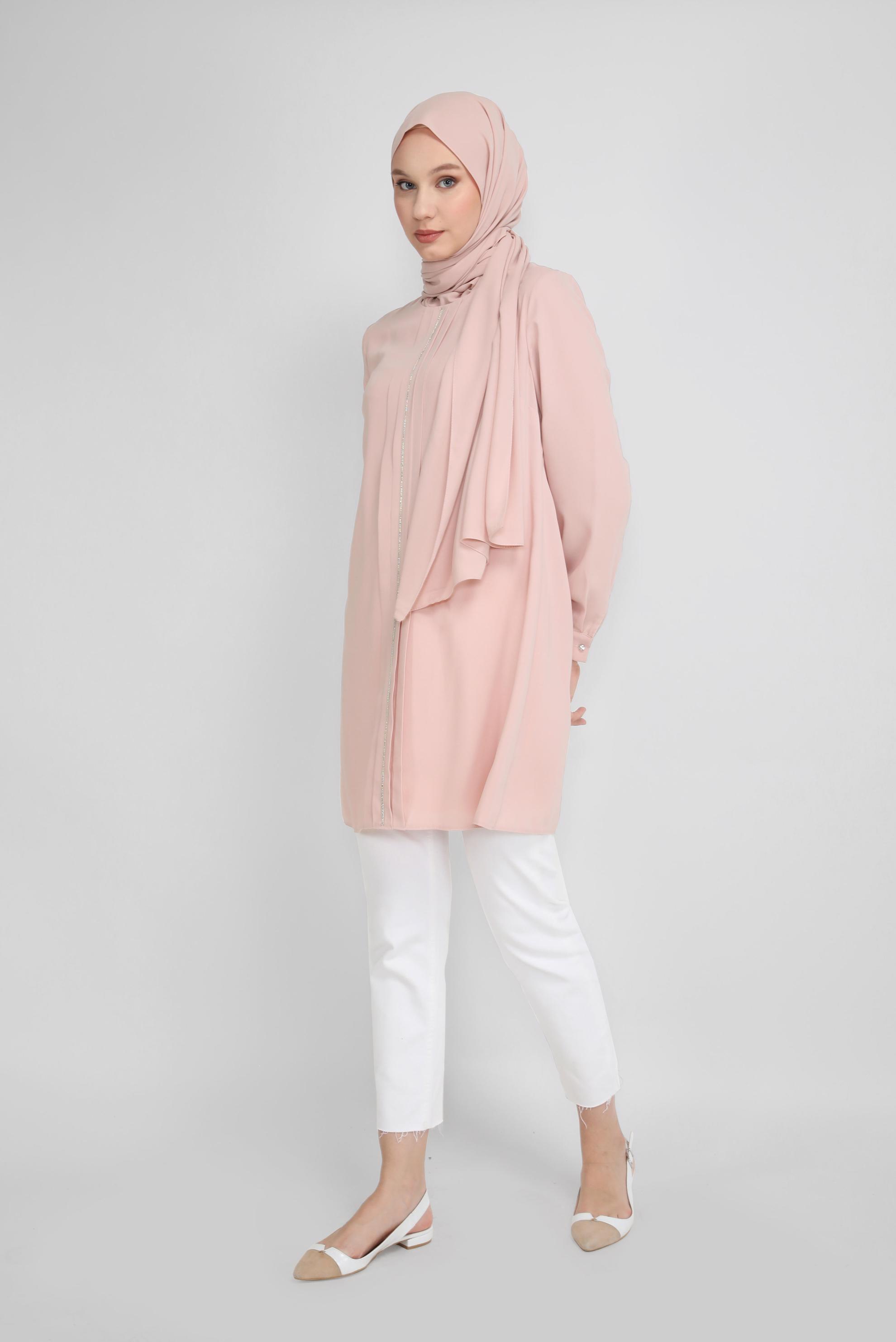 Tesettür giyim PUDRA TAŞ BASKILI TUNİK 41774 