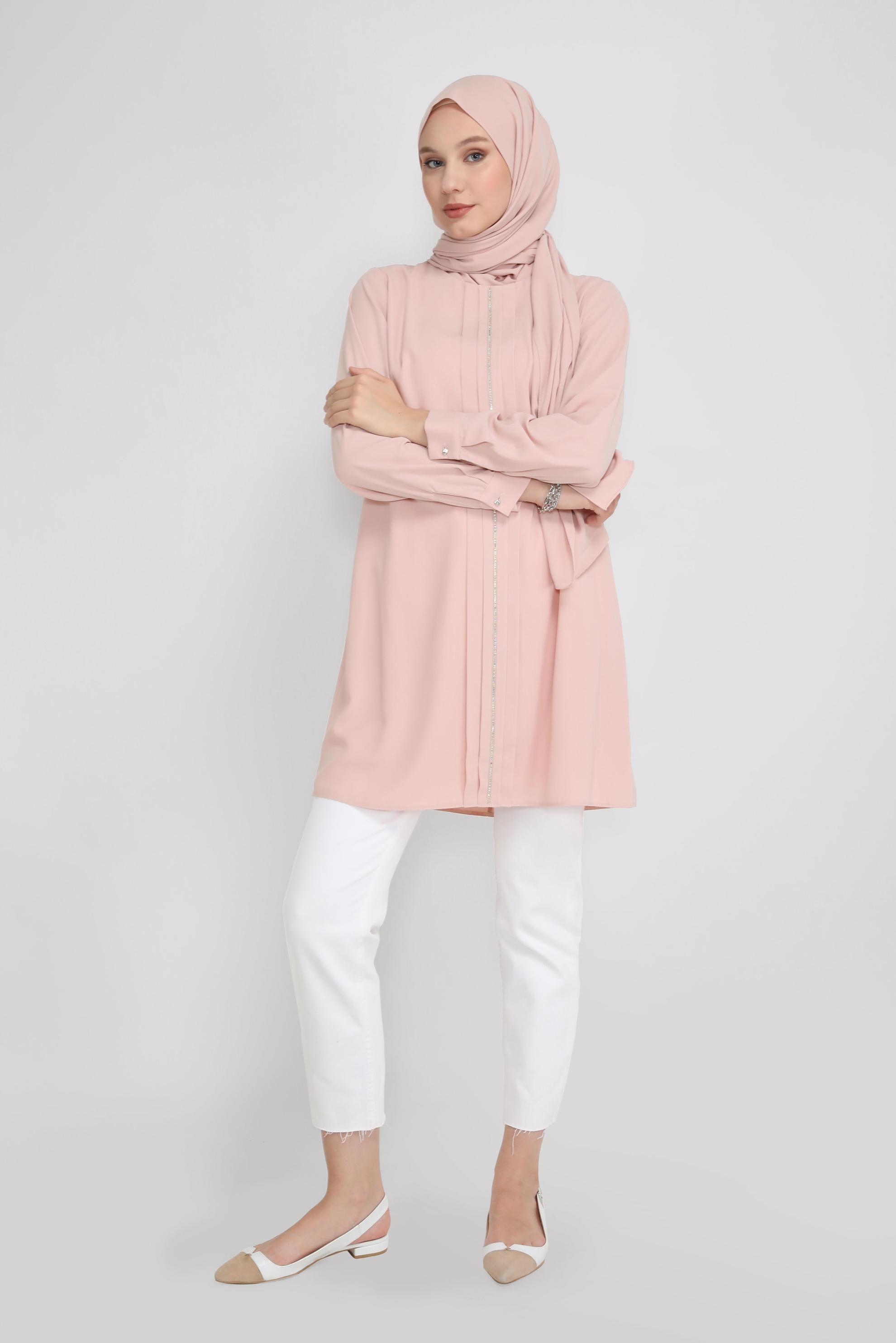 Tesettür giyim PUDRA TAŞ BASKILI TUNİK 41774 