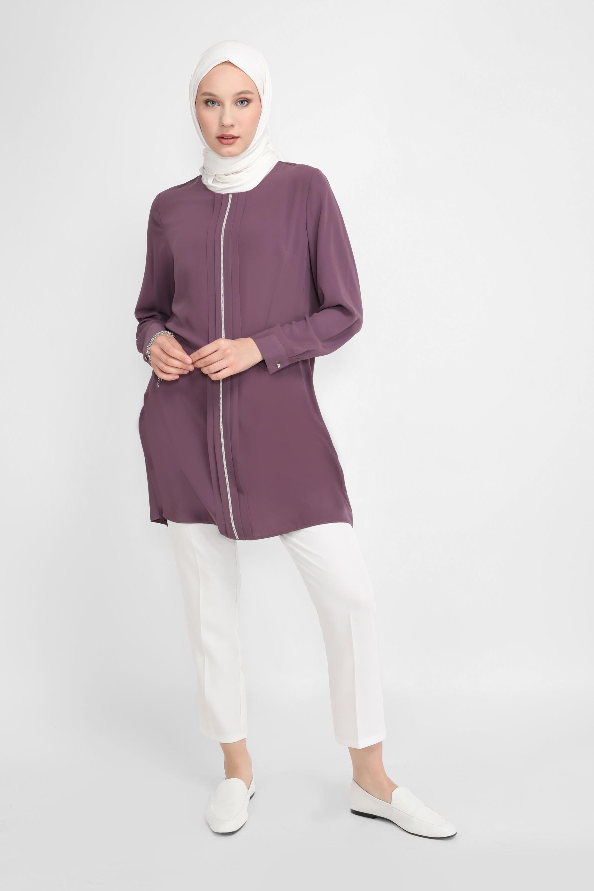 Tesettür giyim MOR TAŞ BASKILI TUNİK 41774 