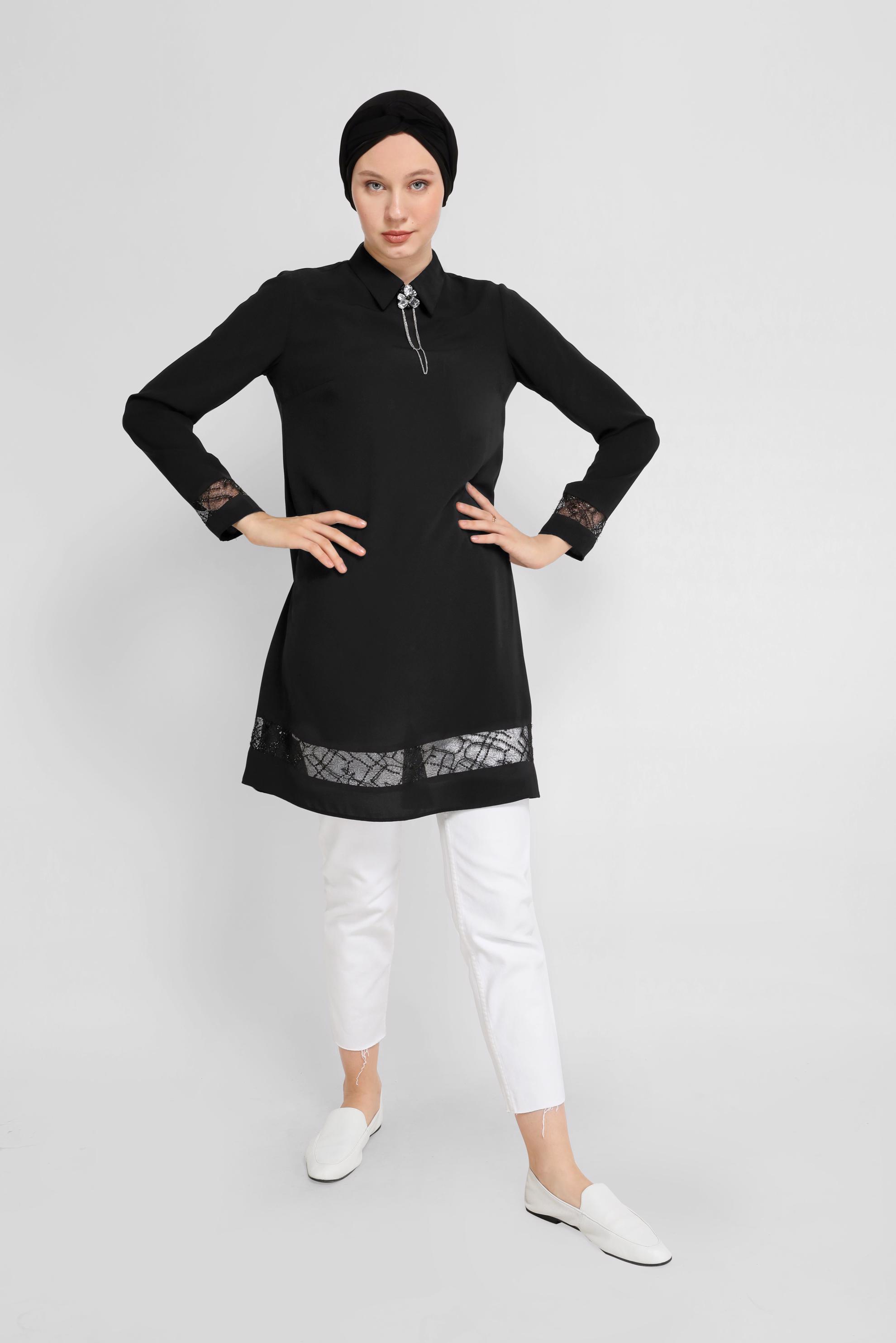 Tesettür giyim SİYAH GÜPÜR DETAYLI TUNİK 41779 