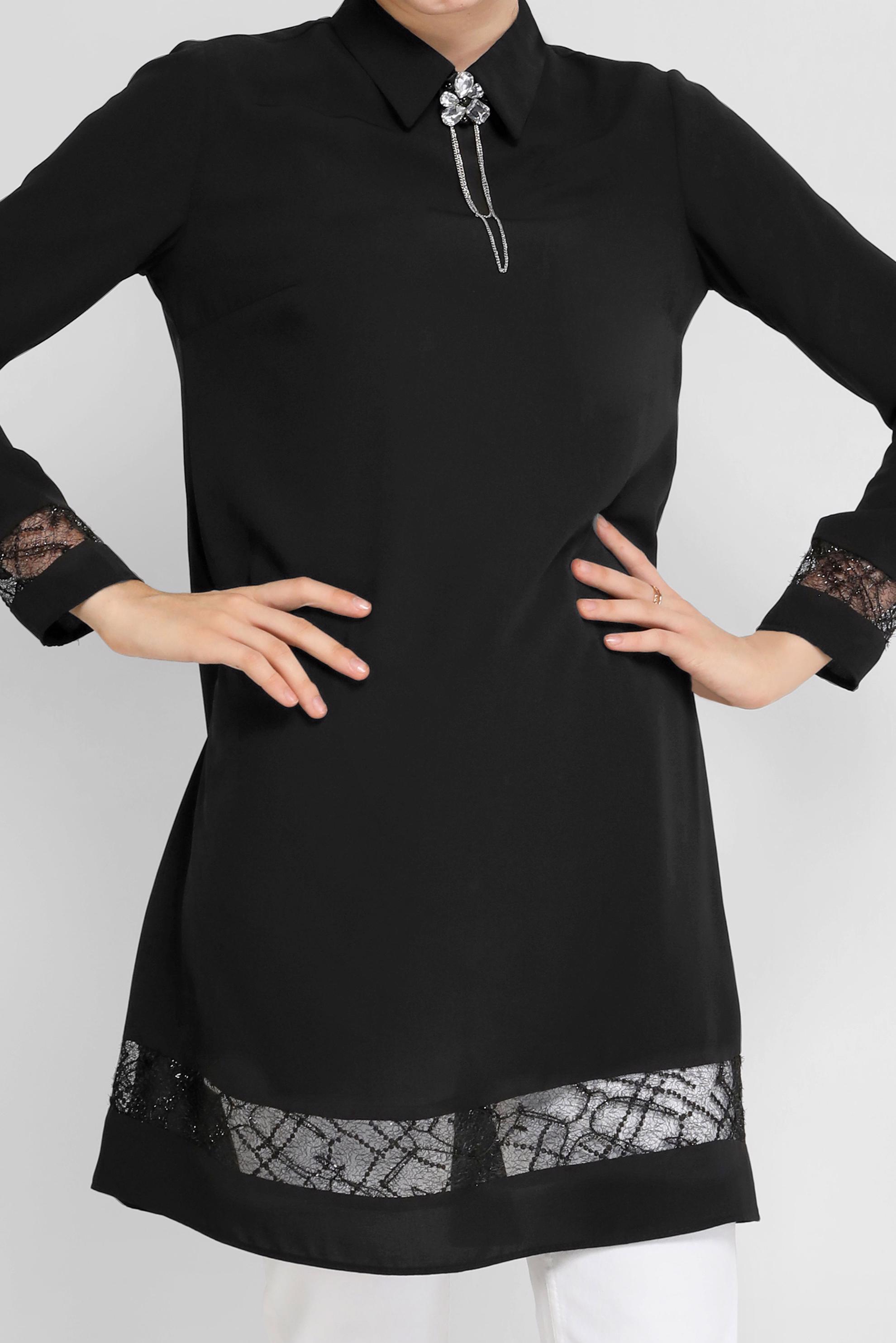 Tesettür giyim SİYAH GÜPÜR DETAYLI TUNİK 41779 