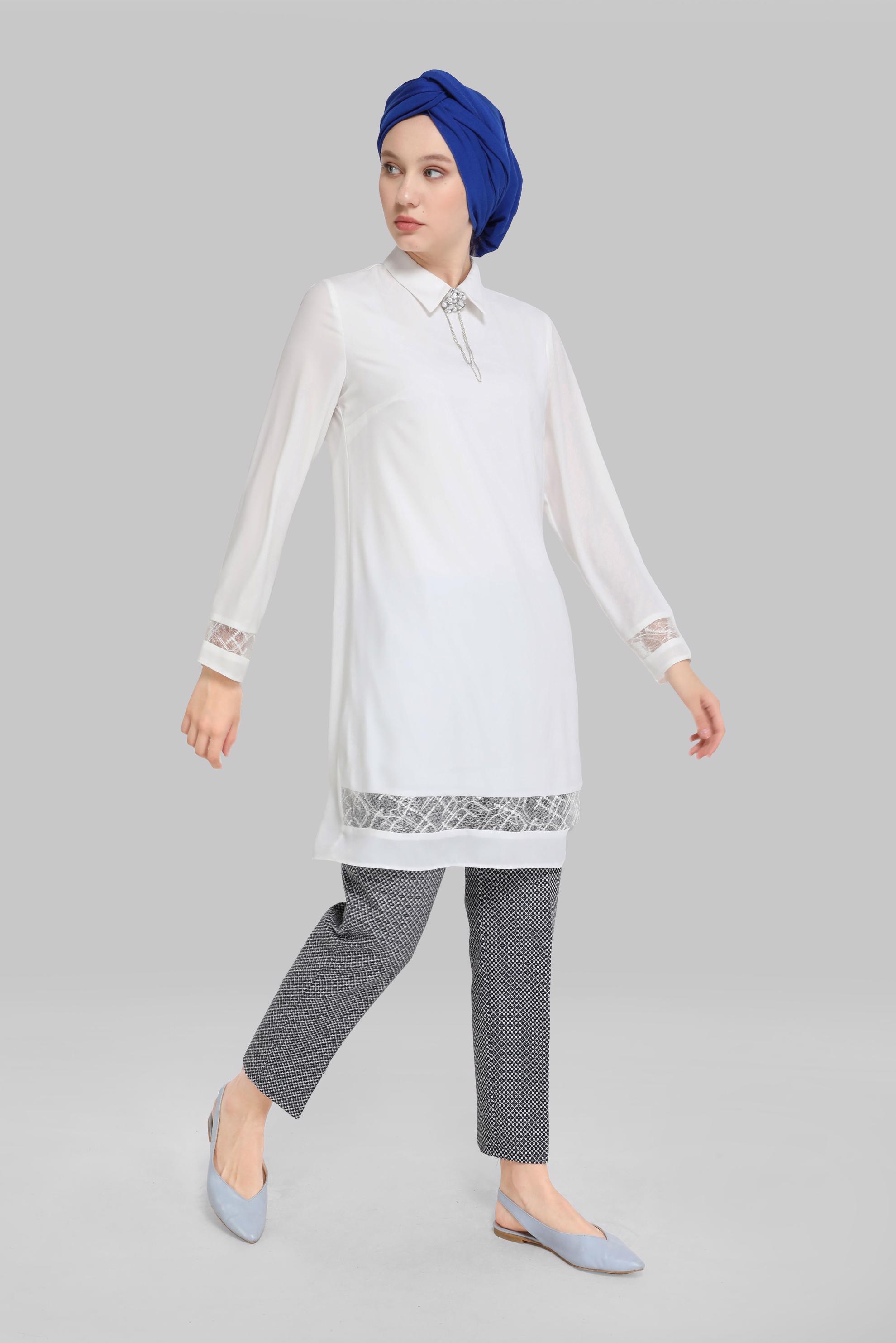 Tesettür giyim BEYAZ GÜPÜR DETAYLI TUNİK 41779 