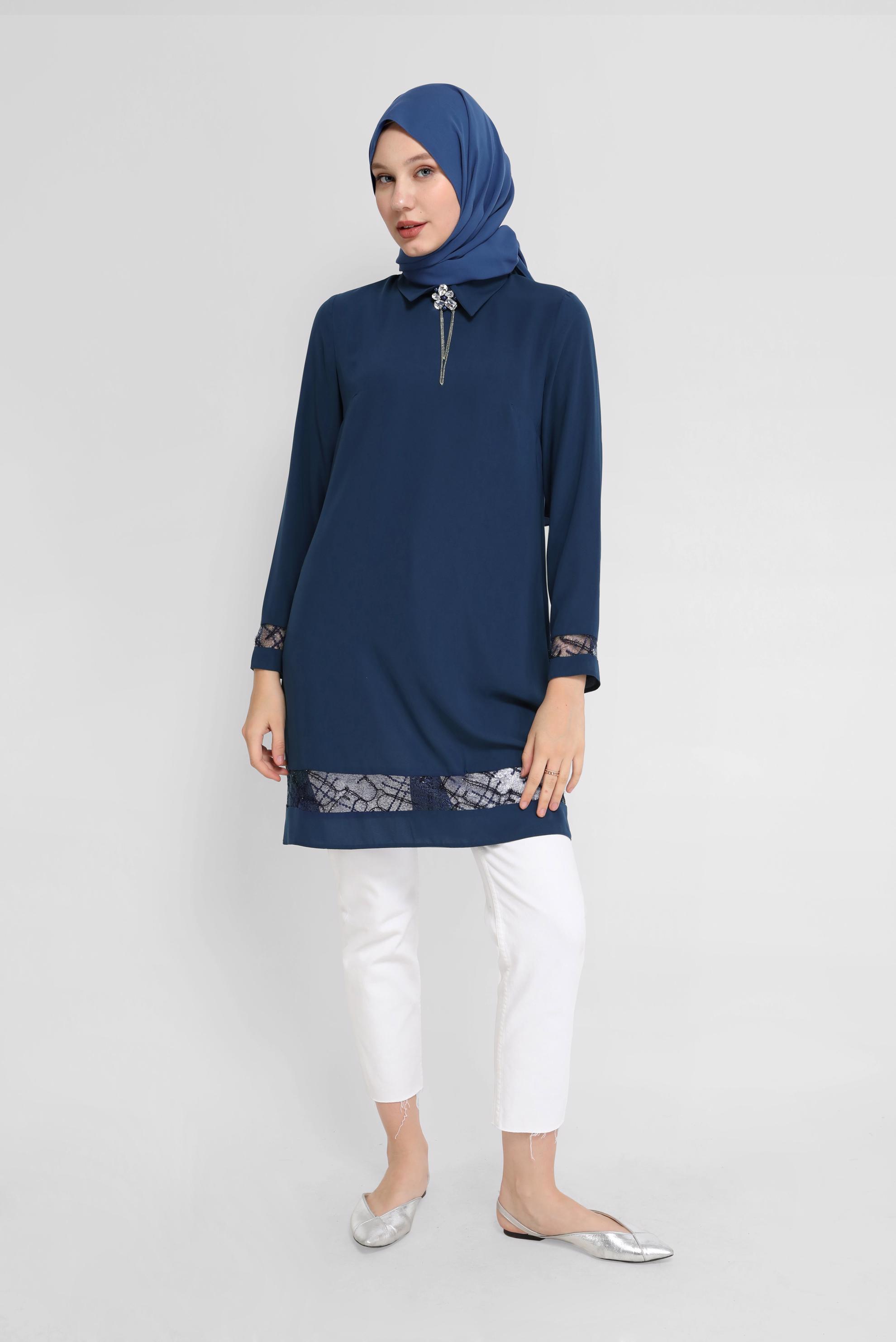 Tesettür giyim LACİVERT GÜPÜR DETAYLI TUNİK 41779 