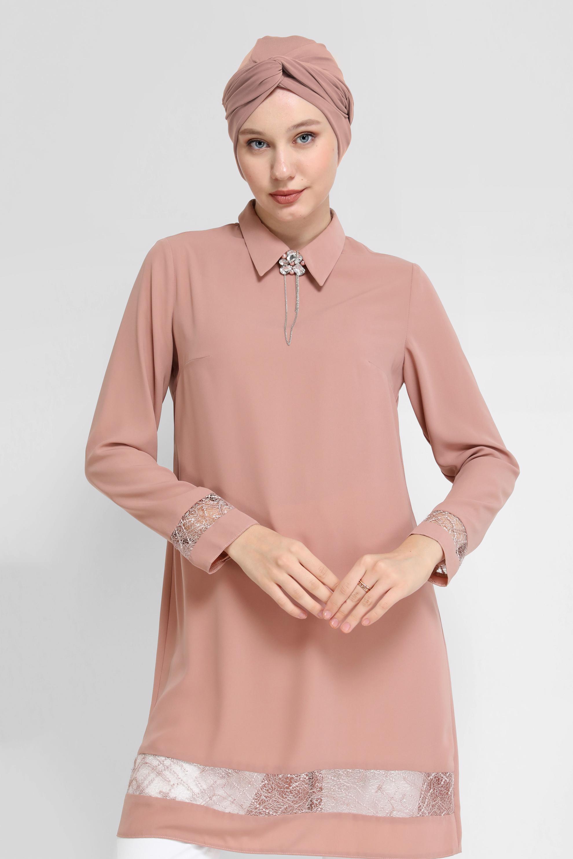 Tesettür giyim BEJ GÜPÜR DETAYLI TUNİK 41779 