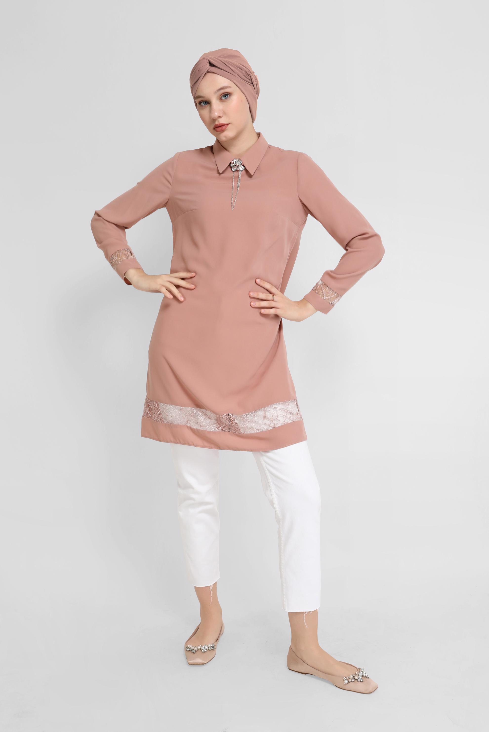 Tesettür giyim BEJ GÜPÜR DETAYLI TUNİK 41779 