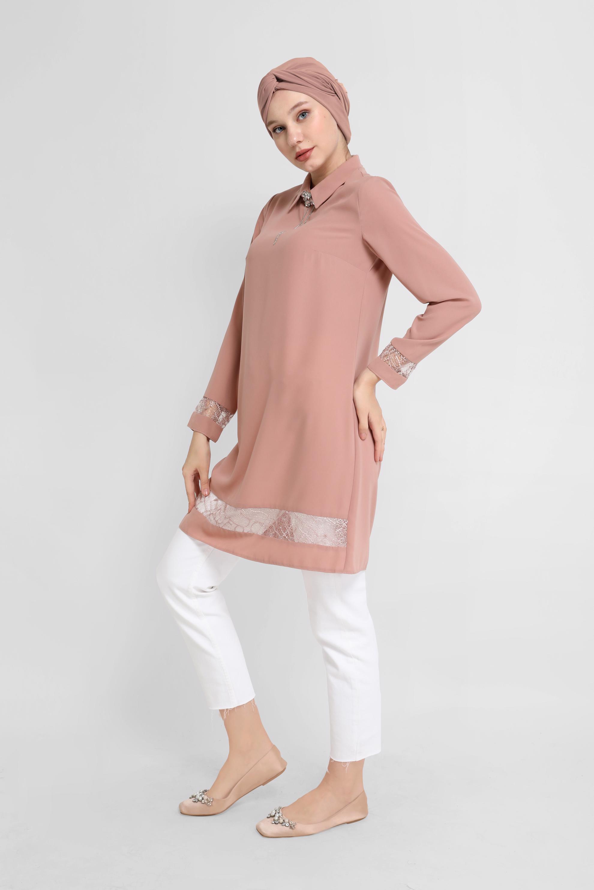 Tesettür giyim BEJ GÜPÜR DETAYLI TUNİK 41779 