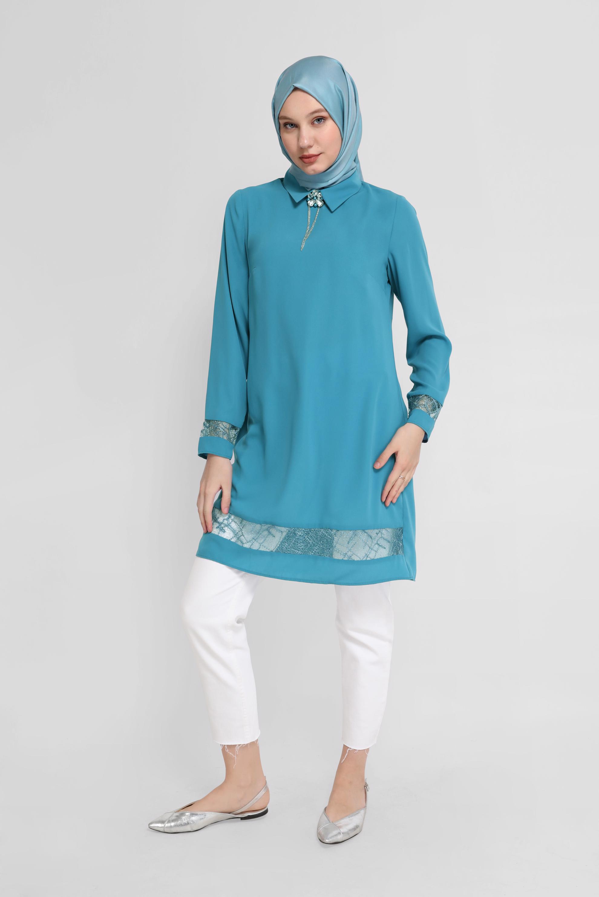 Tesettür giyim MAVİ GÜPÜR DETAYLI TUNİK 41779 