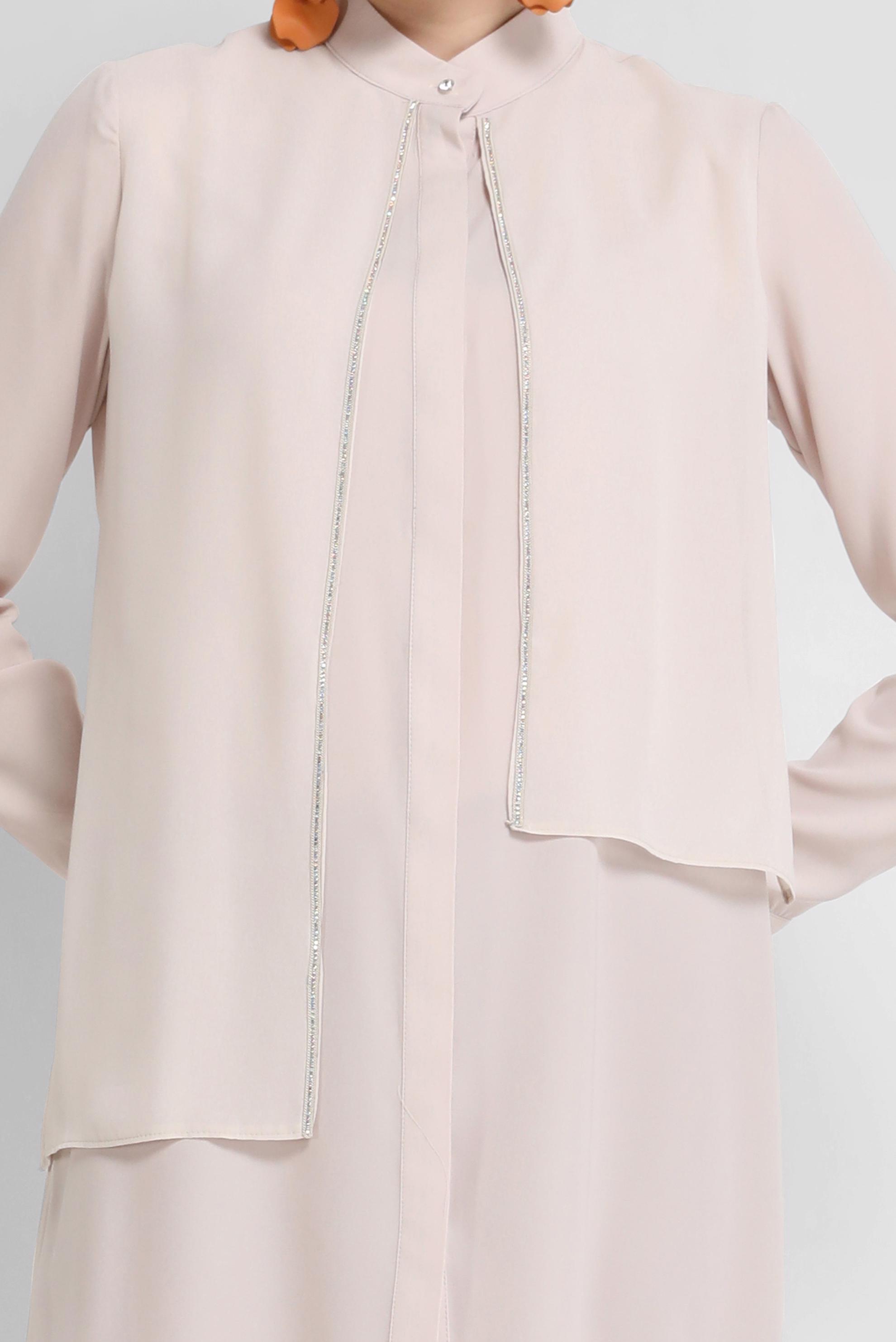 Tesettür giyim EKRU HAKİM YAKA TAŞ BASKILI TUNİK 41780