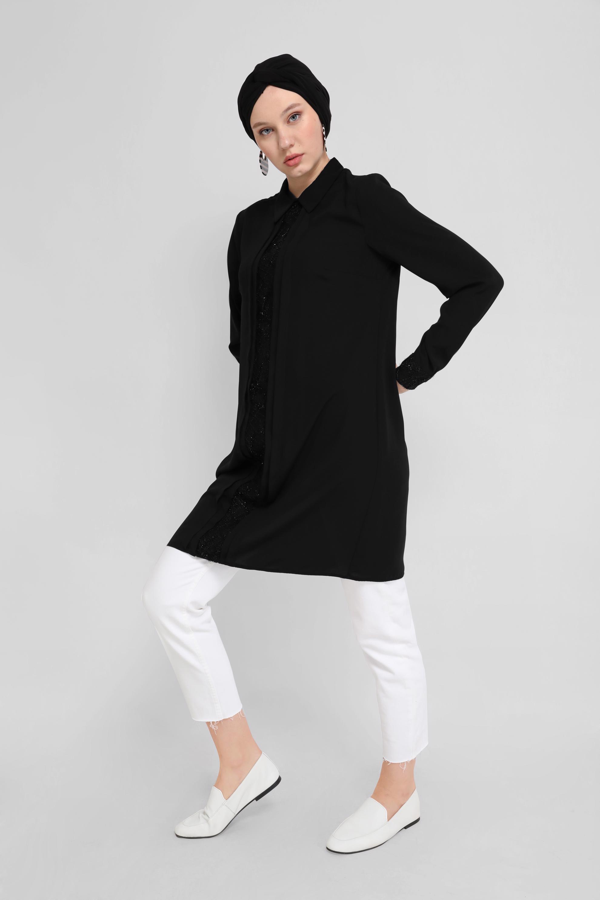 Tesettür giyim SİYAH  GÜPÜR DETAYLI TUNİK 41783