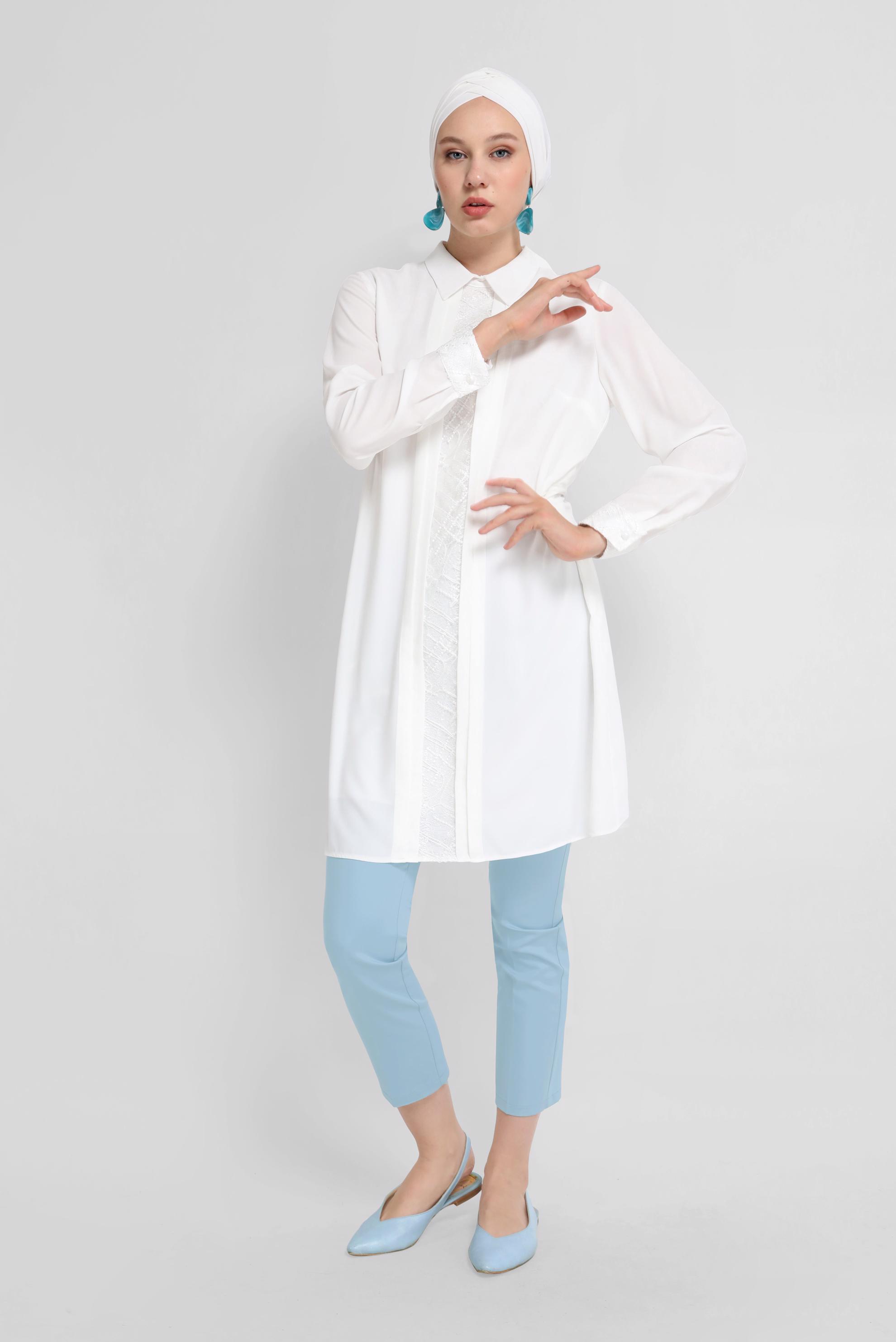 Tesettür giyim BEYAZ  GÜPÜR DETAYLI TUNİK 41783