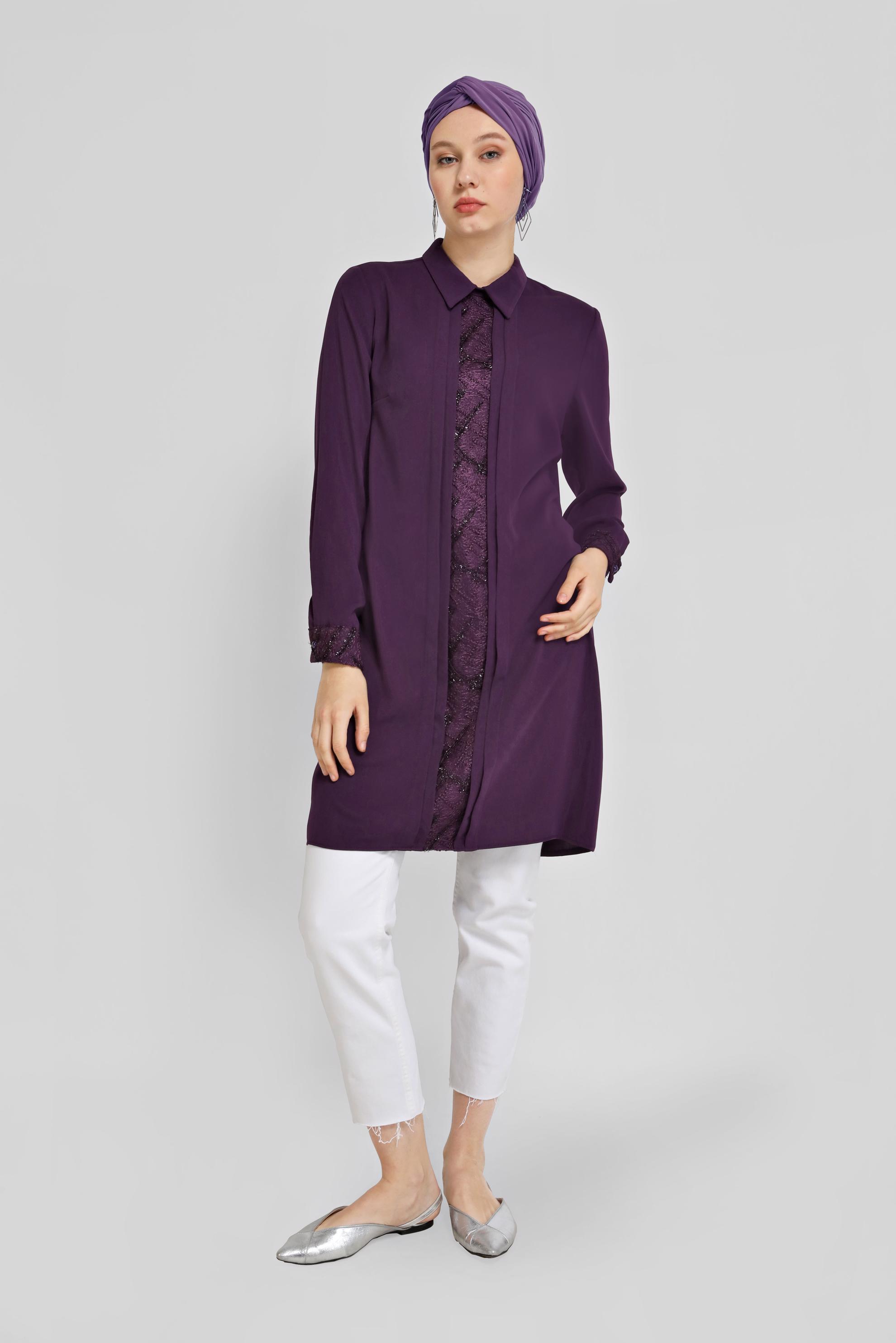 Tesettür giyim MOR  GÜPÜR DETAYLI TUNİK 41783