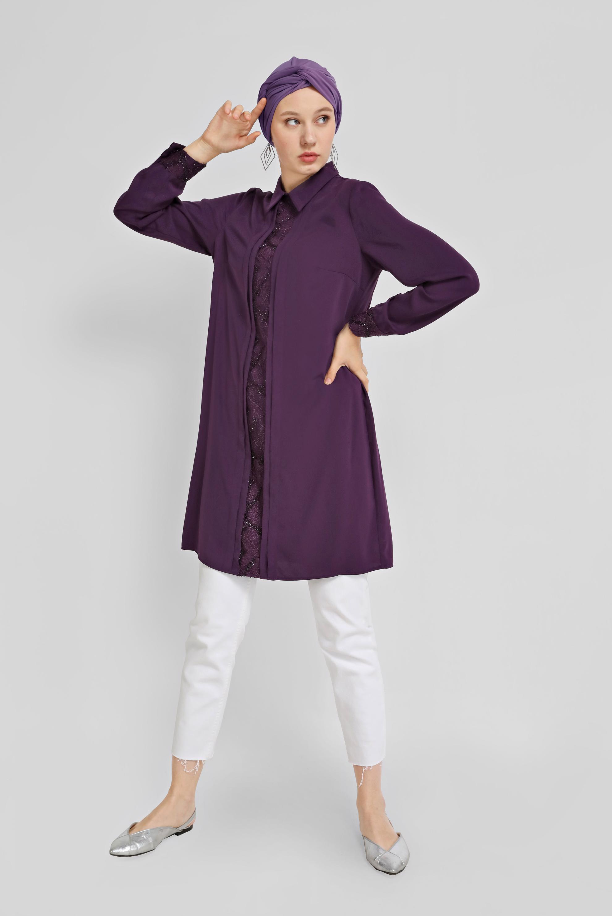 Tesettür giyim MOR  GÜPÜR DETAYLI TUNİK 41783