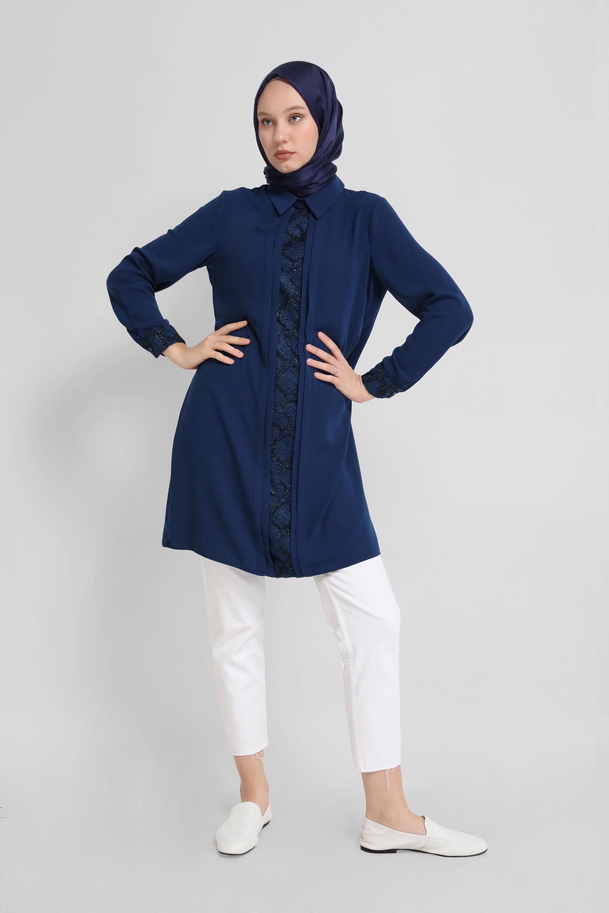 Tesettür giyim LACİVERT  GÜPÜR DETAYLI TUNİK 41783