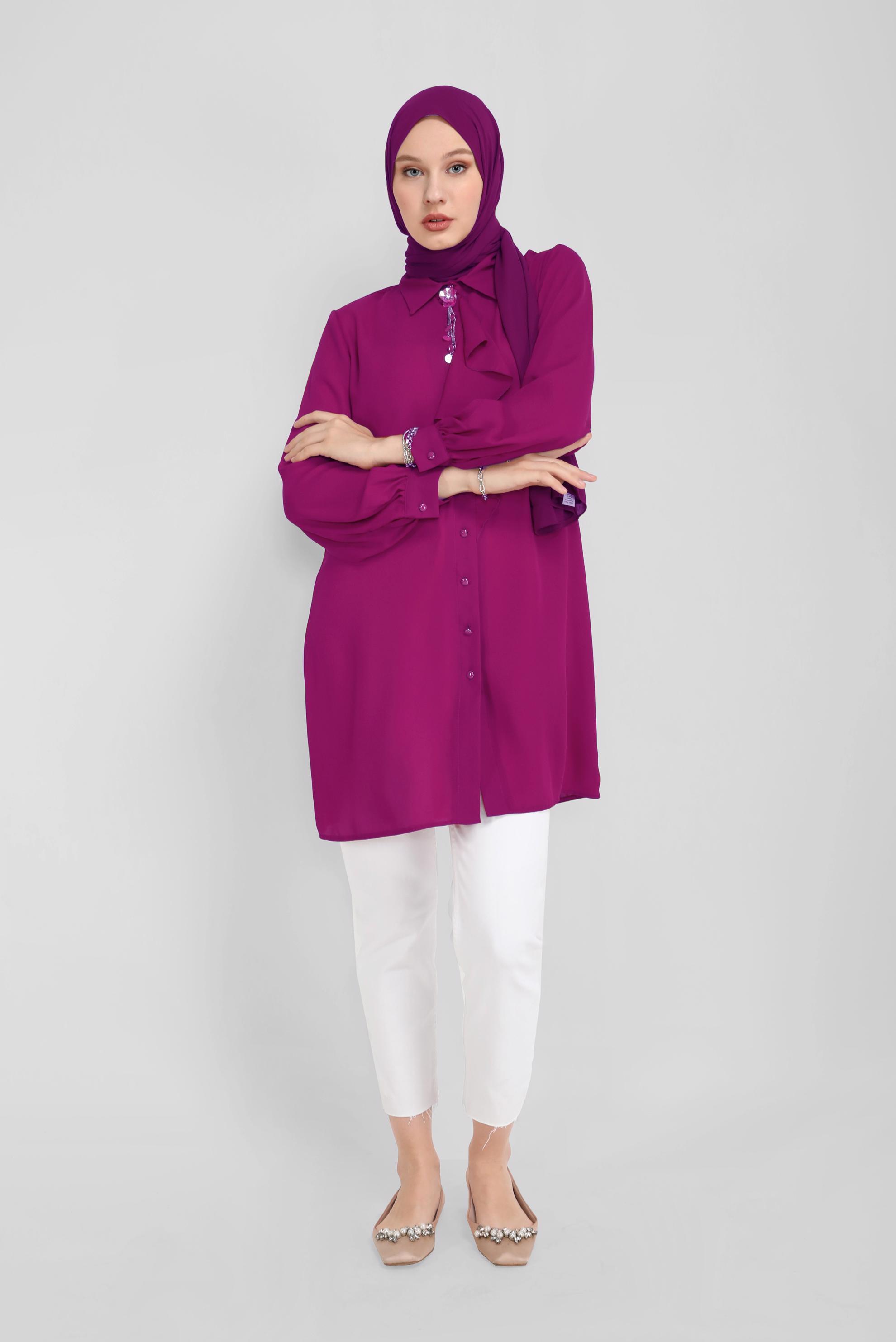 Tesettür giyim MOR YAKA DETAYLI TUNİK 41784