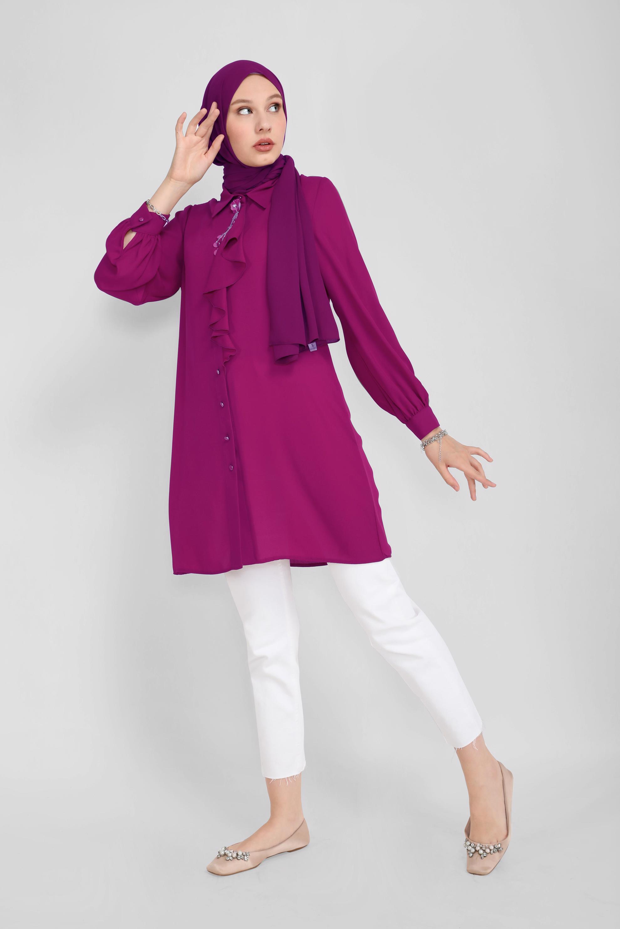 Tesettür giyim MOR YAKA DETAYLI TUNİK 41784