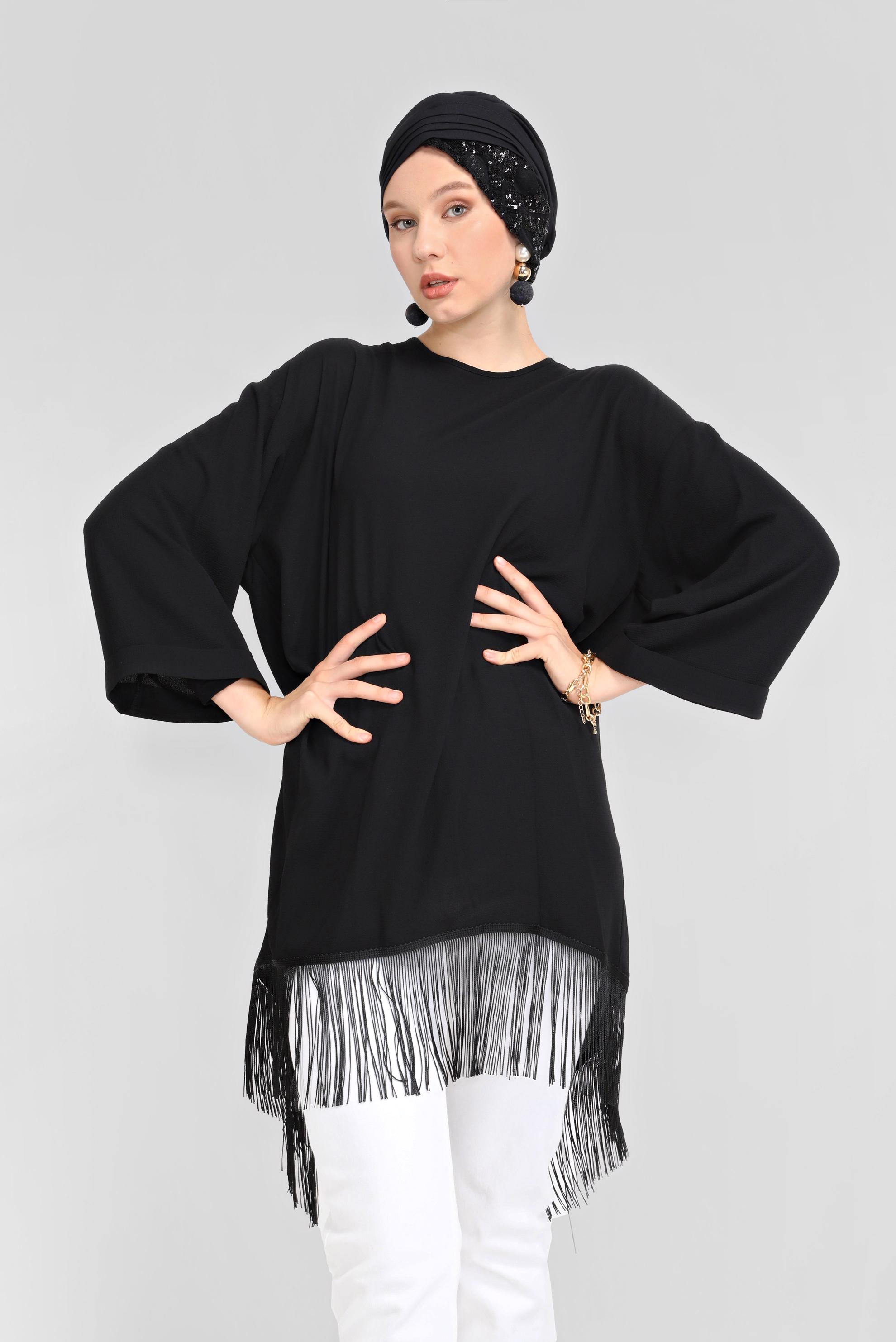 Tesettür giyim SİYAH PÜSKÜLLÜ YUVARLAK YAKA TUNİK 41789 