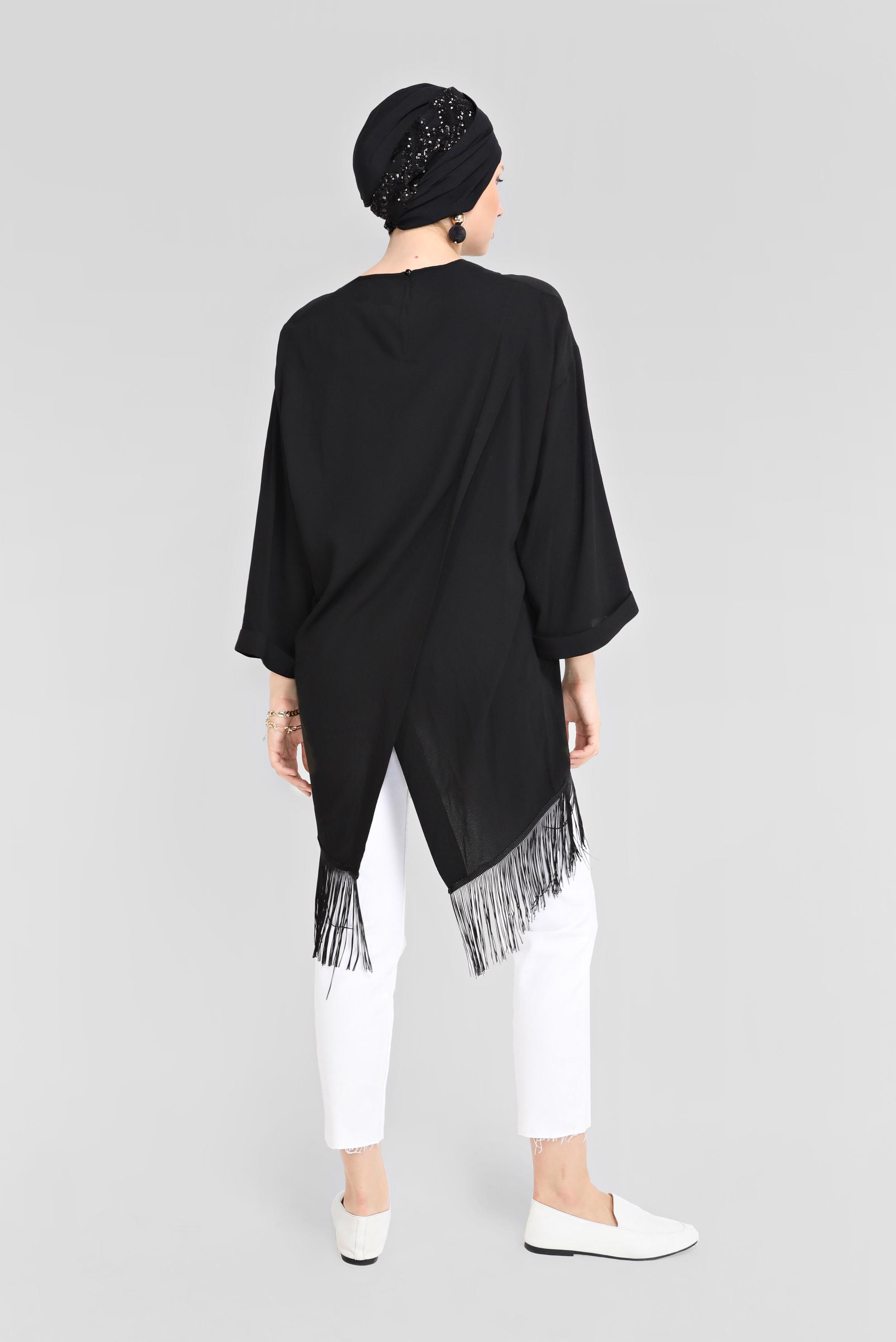 Tesettür giyim SİYAH PÜSKÜLLÜ YUVARLAK YAKA TUNİK 41789 