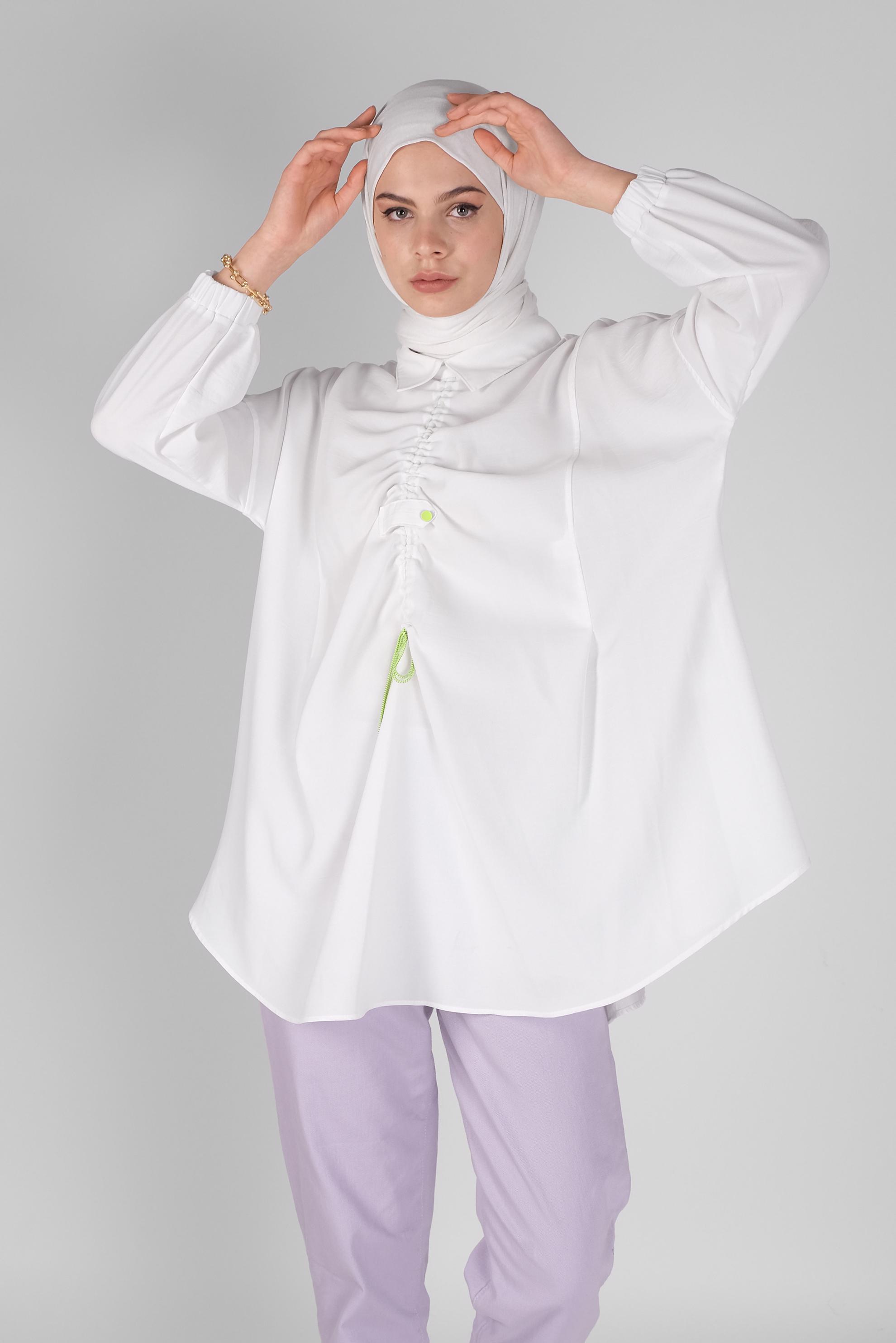 Tesettür giyim BEYAZ BAĞCIKLI GENİŞ KESİM TUNİK 41792