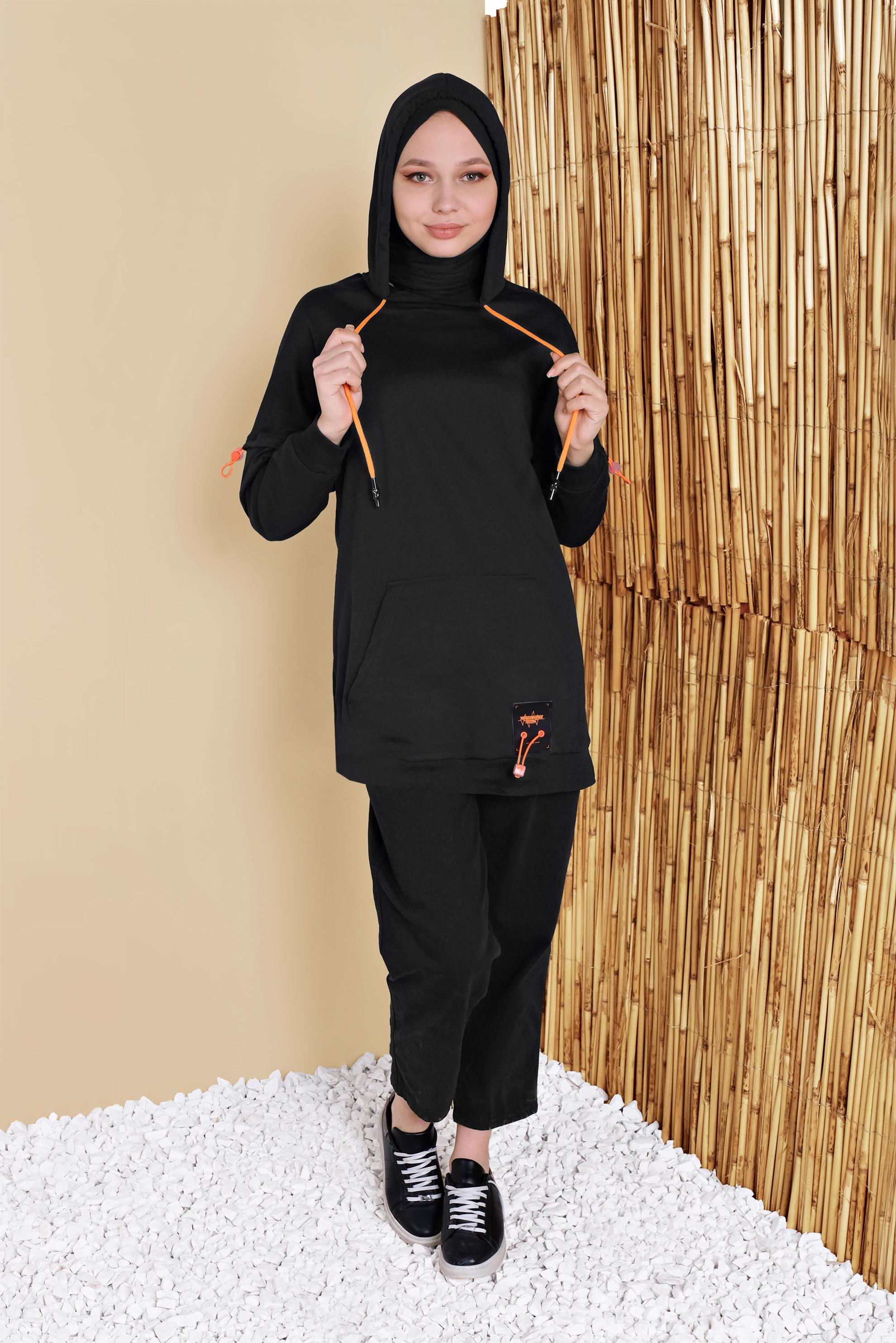 Tesettür giyim SİYAH BAĞCIKLI KAPÜŞONLU TUNİK 41793 