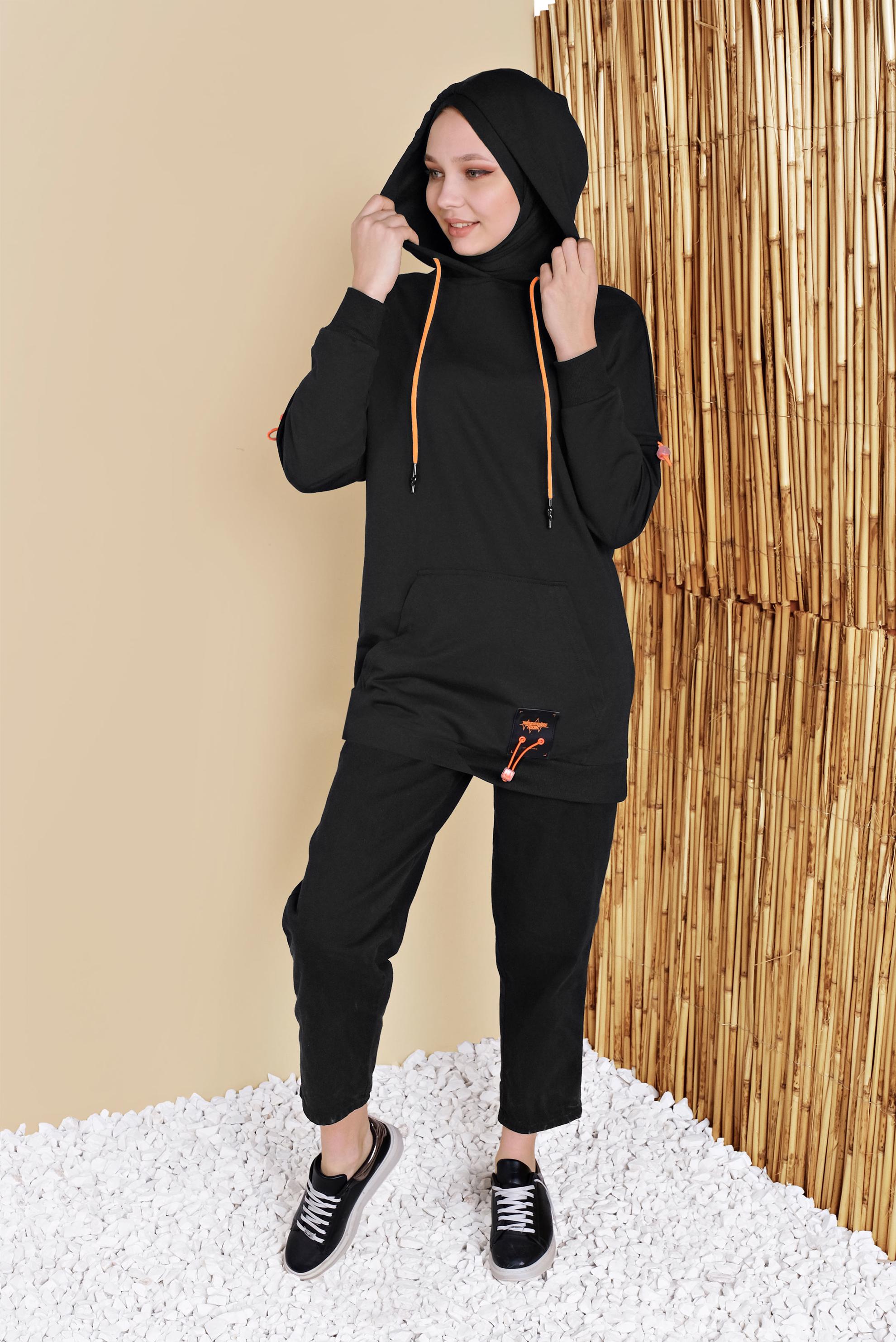 Tesettür giyim SİYAH BAĞCIKLI KAPÜŞONLU TUNİK 41793 