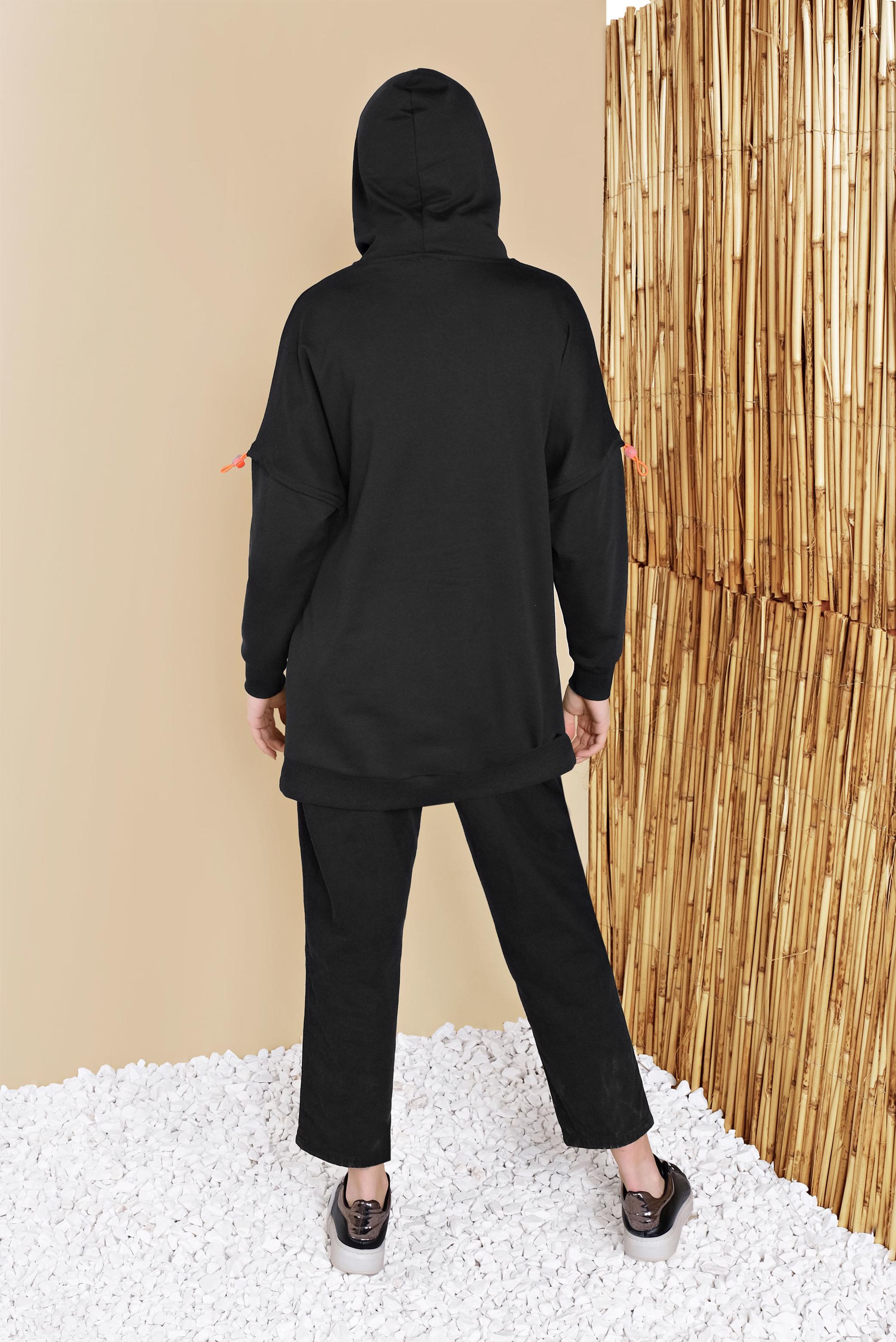 Tesettür giyim SİYAH BAĞCIKLI KAPÜŞONLU TUNİK 41793 