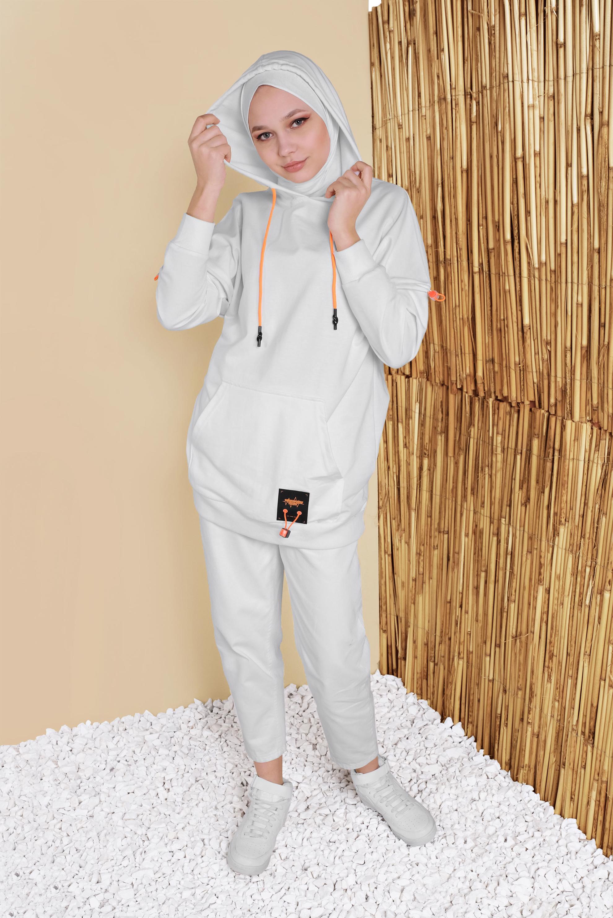 Tesettür giyim EKRU BAĞCIKLI KAPÜŞONLU TUNİK 41793 