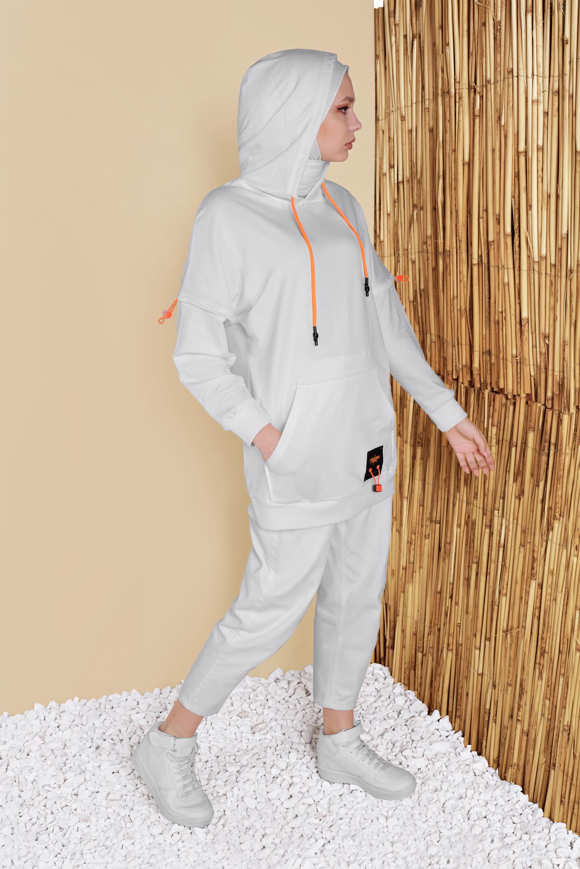 Tesettür giyim EKRU BAĞCIKLI KAPÜŞONLU TUNİK 41793 