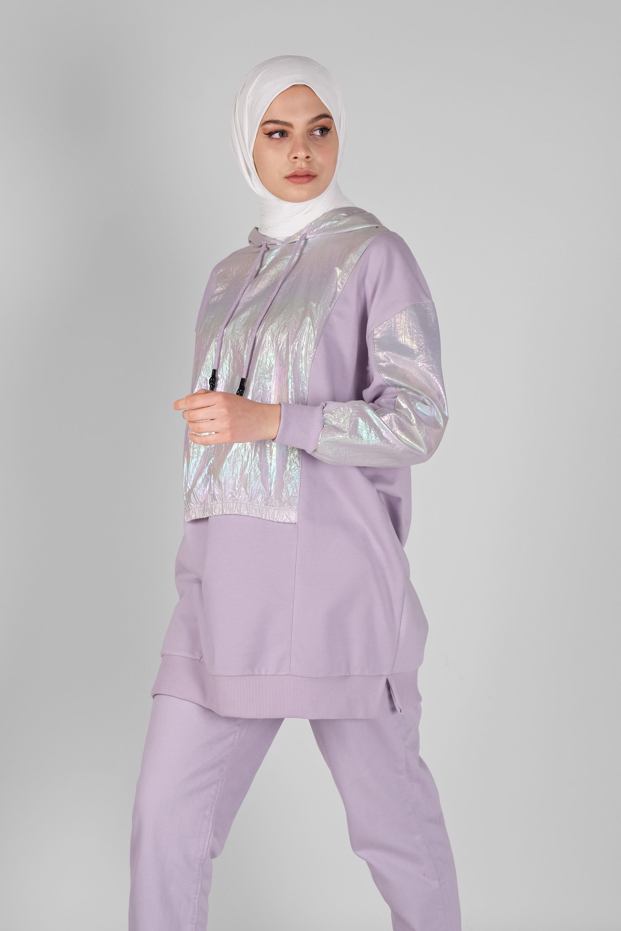 Tesettür giyim MOR FOİLLİ KAPÜŞONLU BAĞCIKLI TUNİK 41794