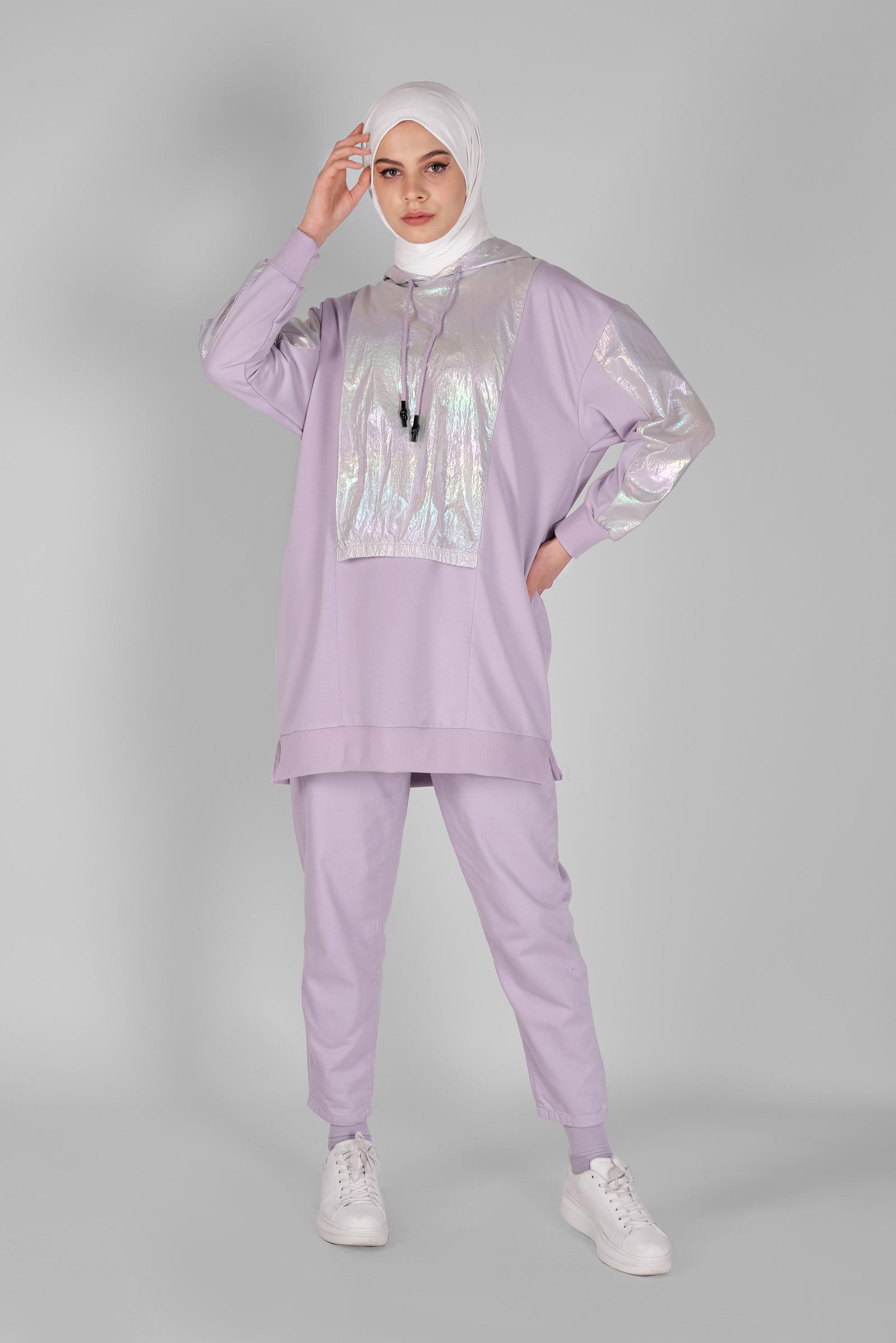 Tesettür giyim MOR FOİLLİ KAPÜŞONLU BAĞCIKLI TUNİK 41794