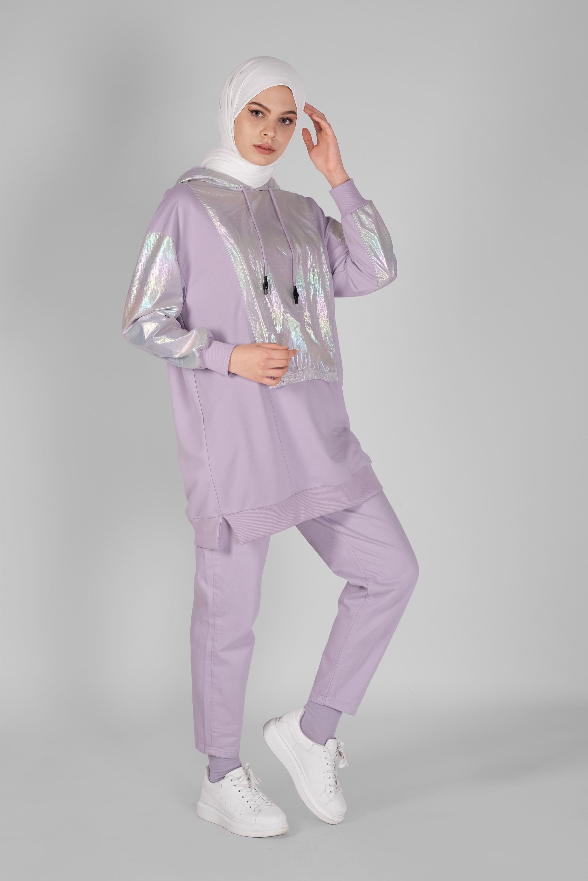 Tesettür giyim MOR FOİLLİ KAPÜŞONLU BAĞCIKLI TUNİK 41794