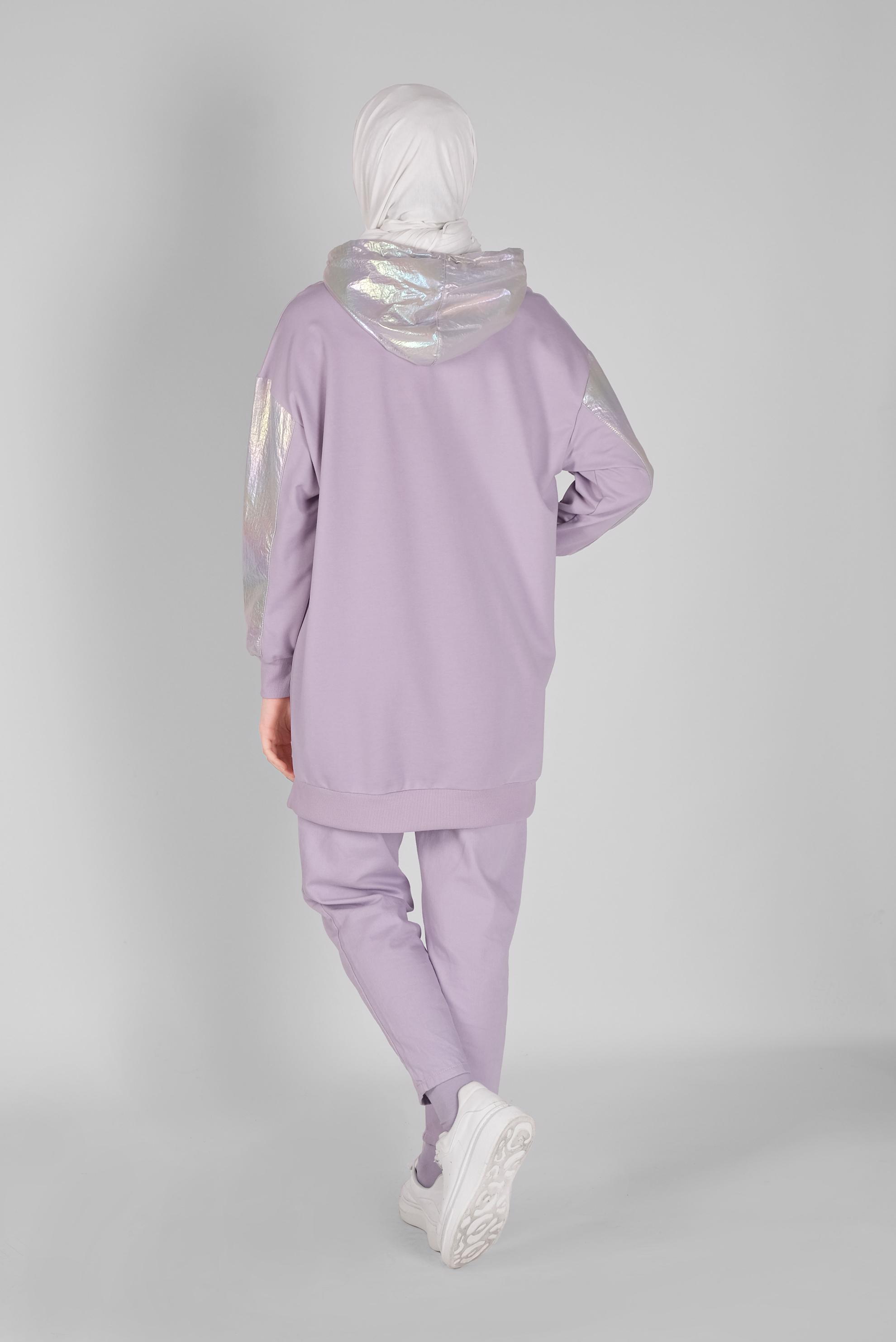 Tesettür giyim MOR FOİLLİ KAPÜŞONLU BAĞCIKLI TUNİK 41794