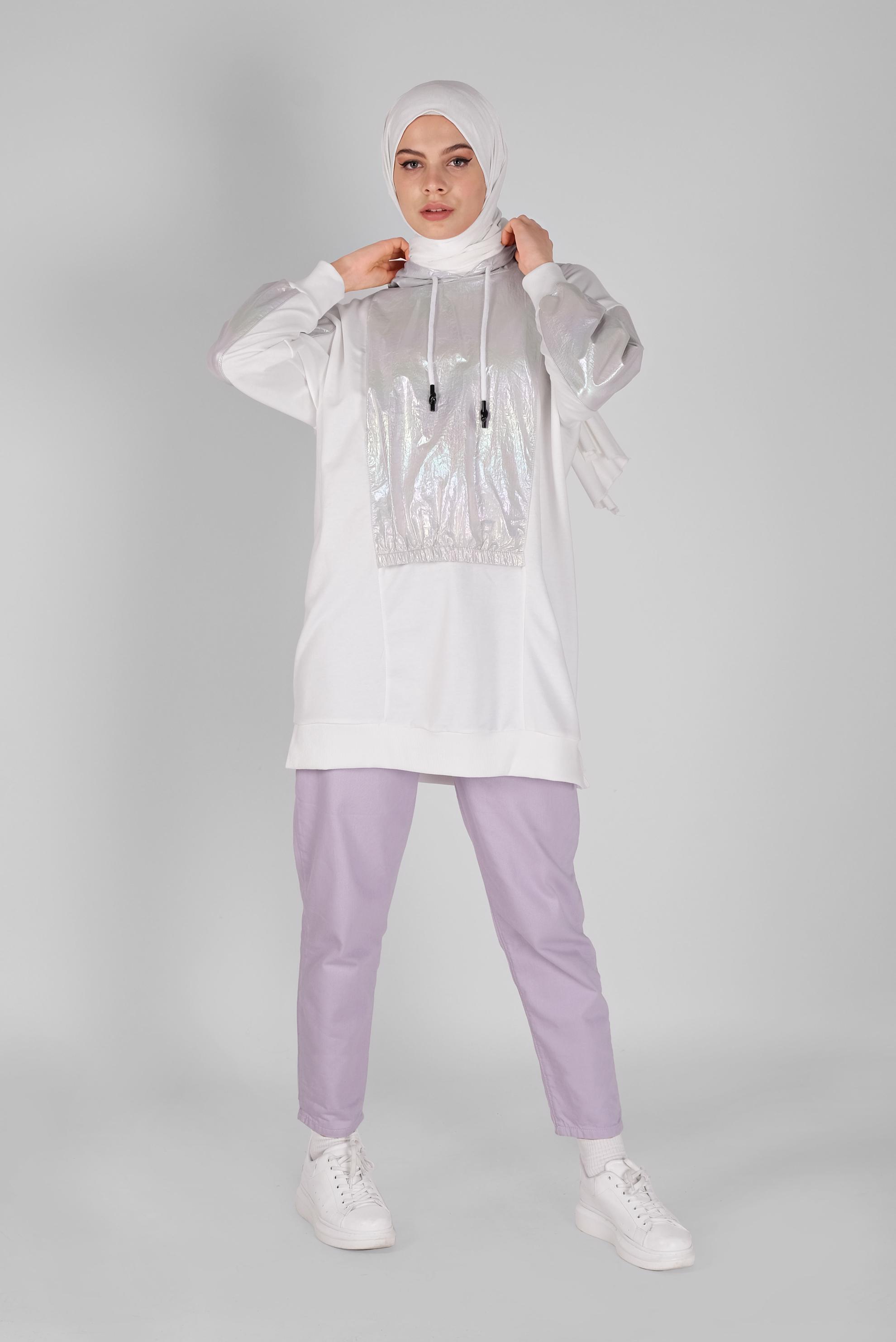 Tesettür giyim EKRU FOİLLİ KAPÜŞONLU BAĞCIKLI TUNİK 41794