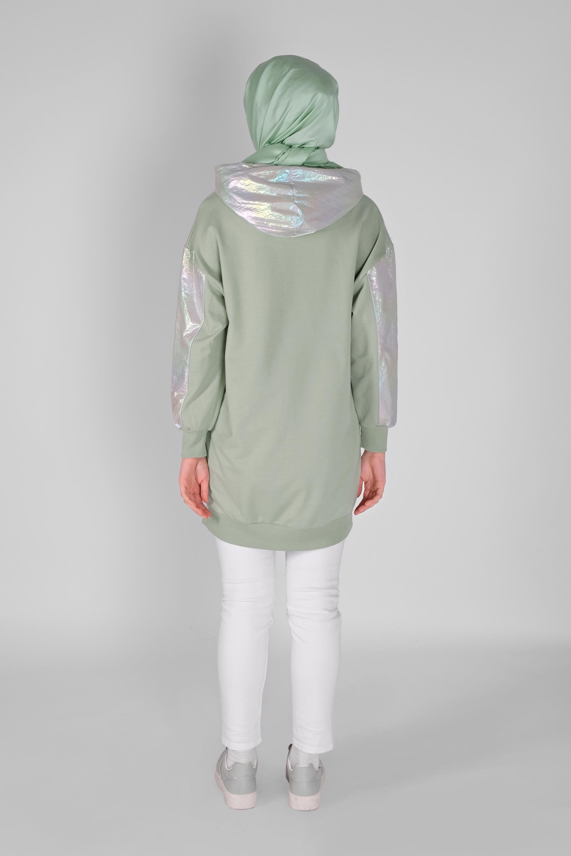 Tesettür giyim YEŞİL FOİLLİ KAPÜŞONLU BAĞCIKLI TUNİK 41794