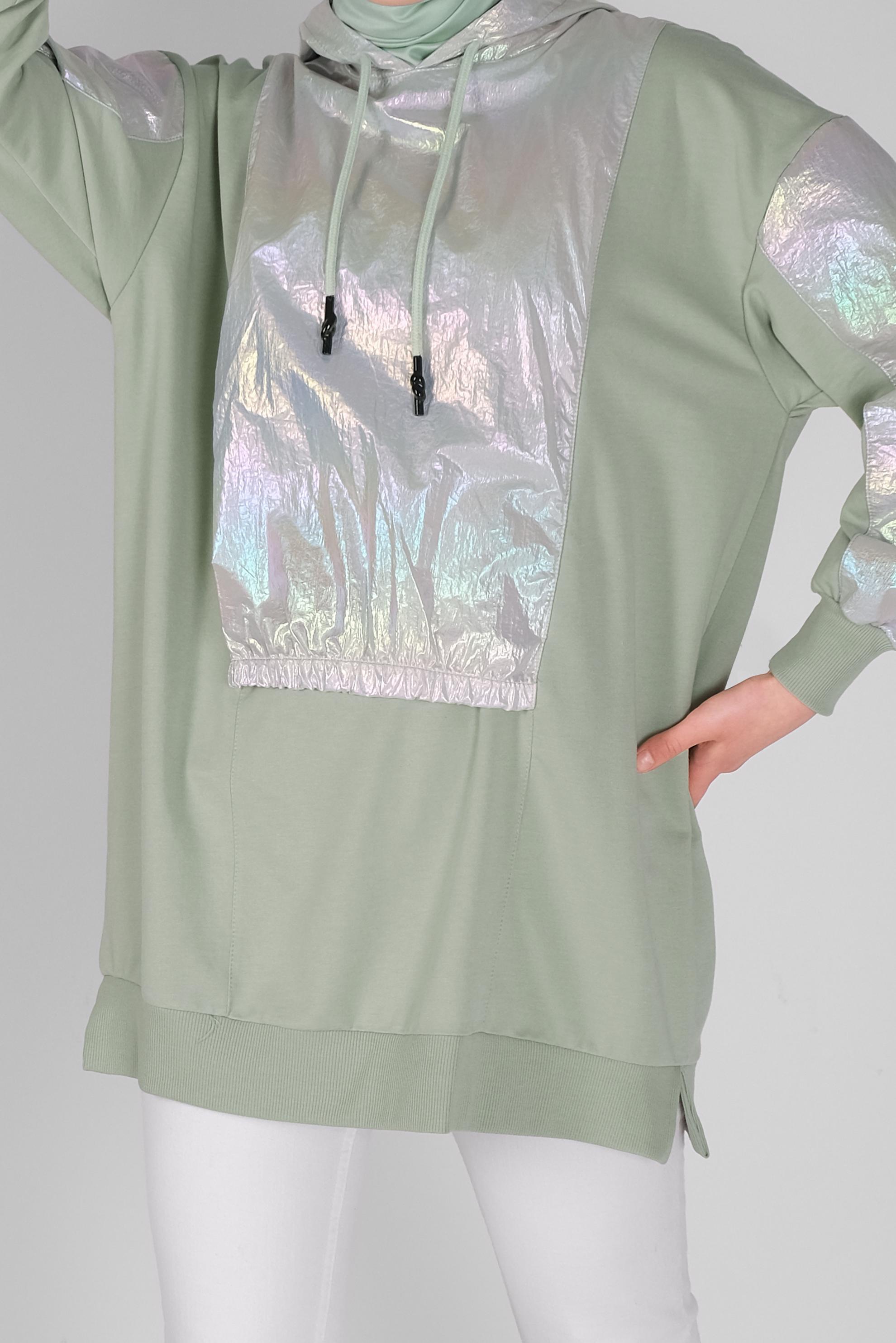 Tesettür giyim YEŞİL FOİLLİ KAPÜŞONLU BAĞCIKLI TUNİK 41794