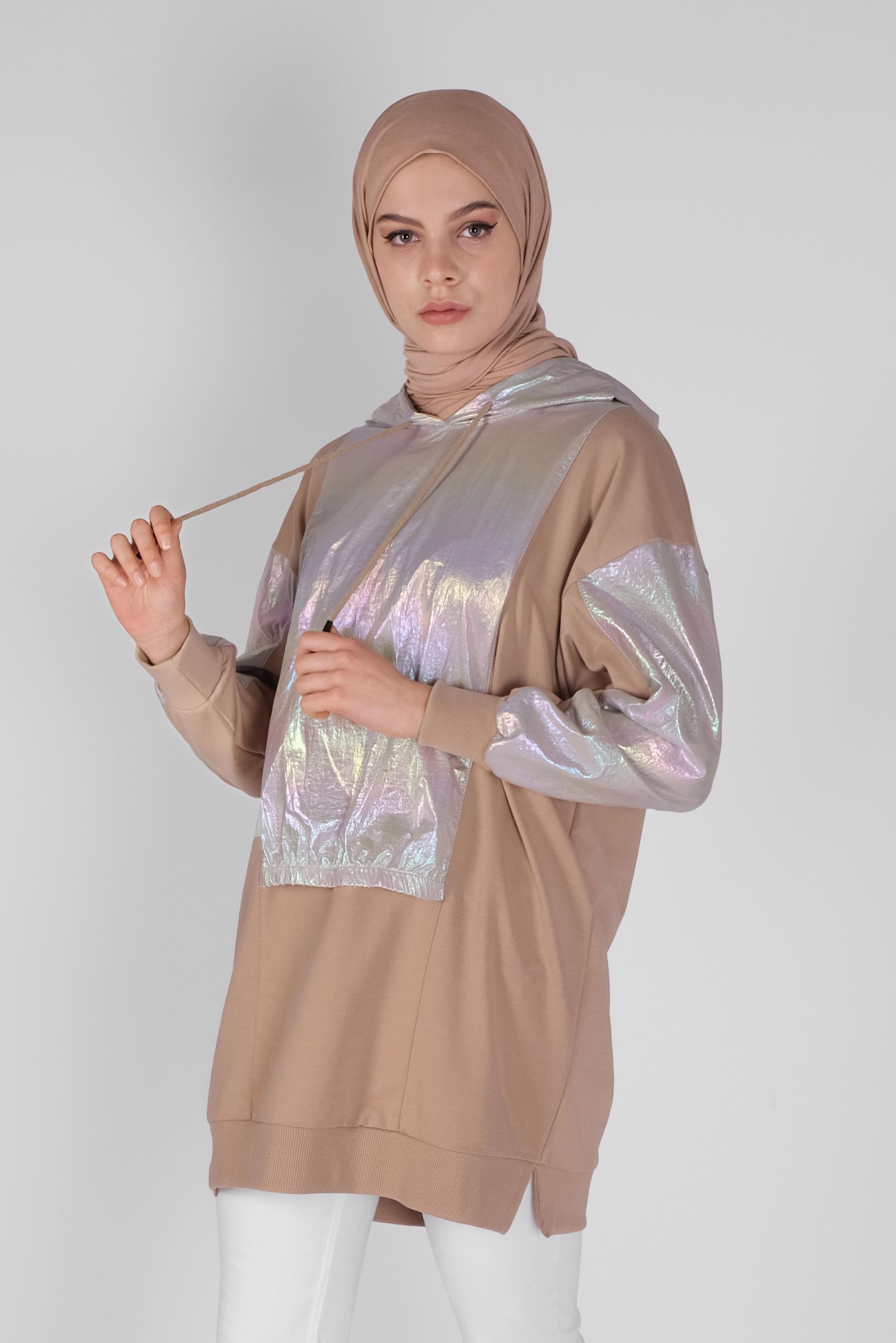 Tesettür giyim KAHVE FOİLLİ KAPÜŞONLU BAĞCIKLI TUNİK 41794