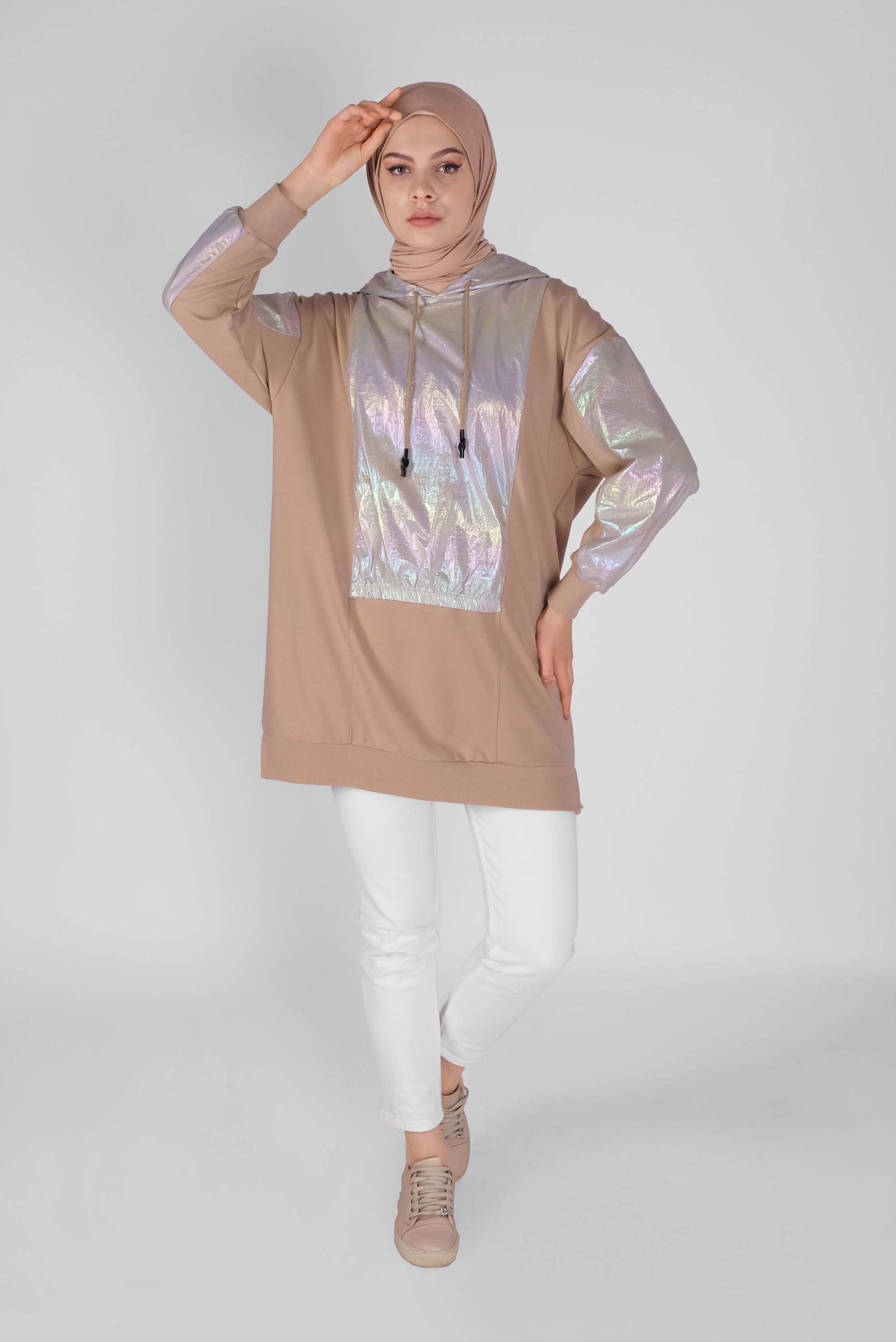 Tesettür giyim KAHVE FOİLLİ KAPÜŞONLU BAĞCIKLI TUNİK 41794