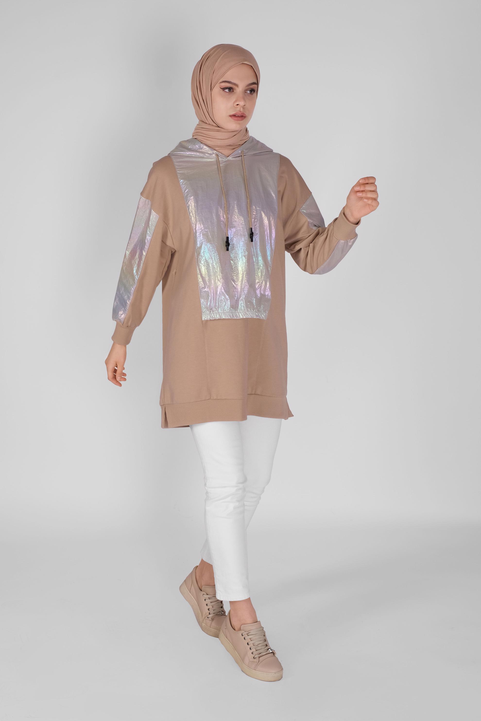 Tesettür giyim KAHVE FOİLLİ KAPÜŞONLU BAĞCIKLI TUNİK 41794