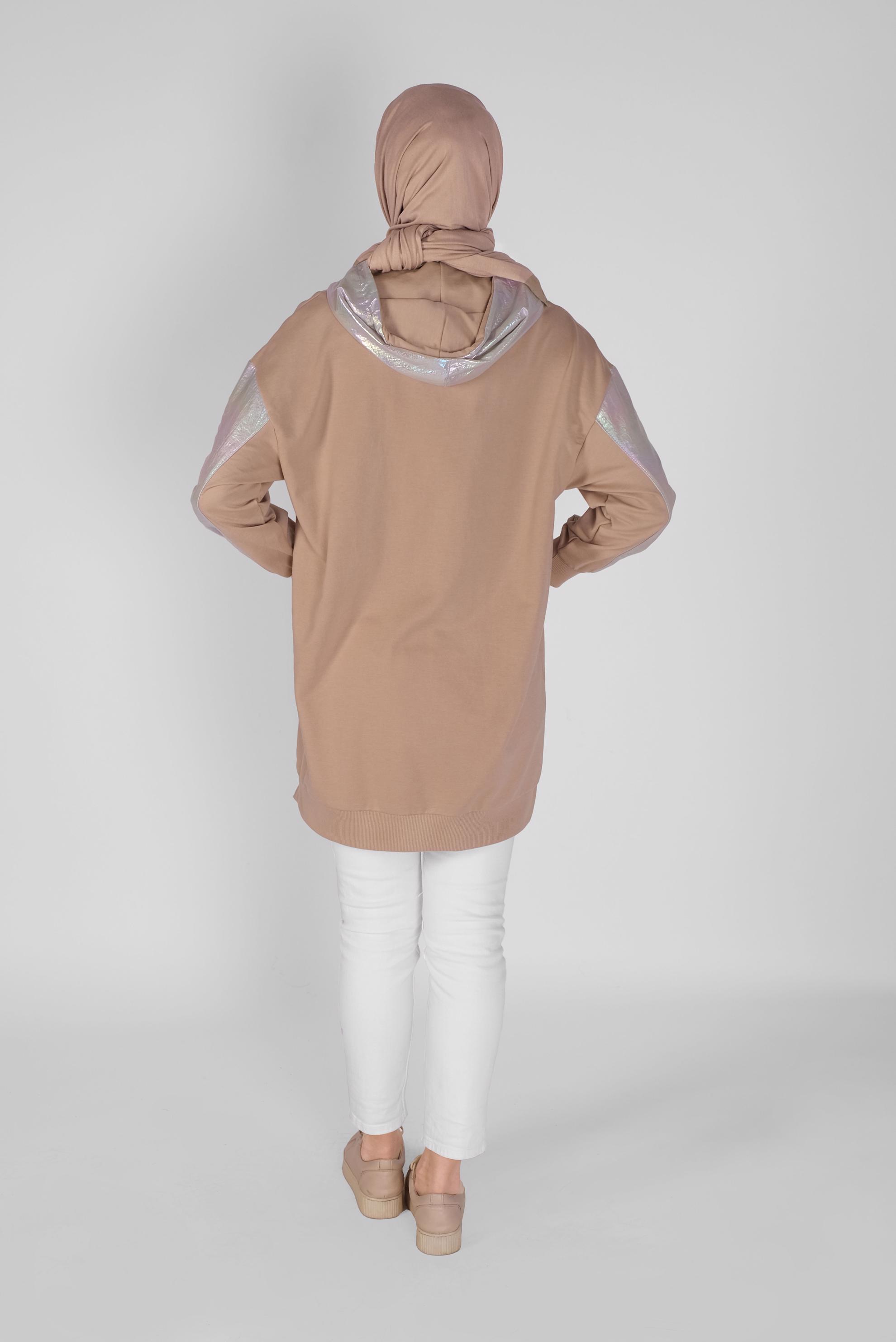 Tesettür giyim KAHVE FOİLLİ KAPÜŞONLU BAĞCIKLI TUNİK 41794
