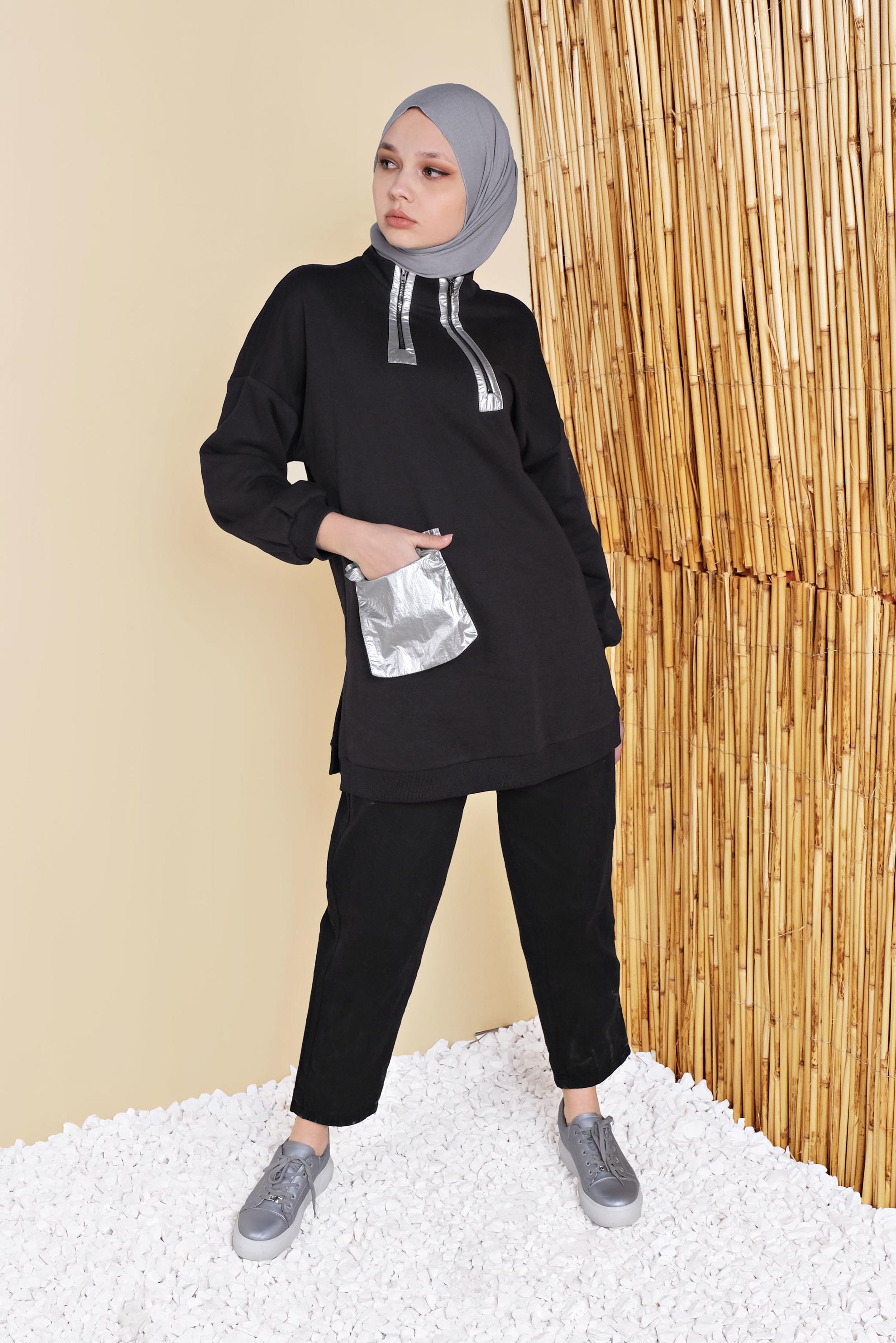 Tesettür giyim SİYAH CEP VE FERMUAR DETAYLI TUNİK 41795 