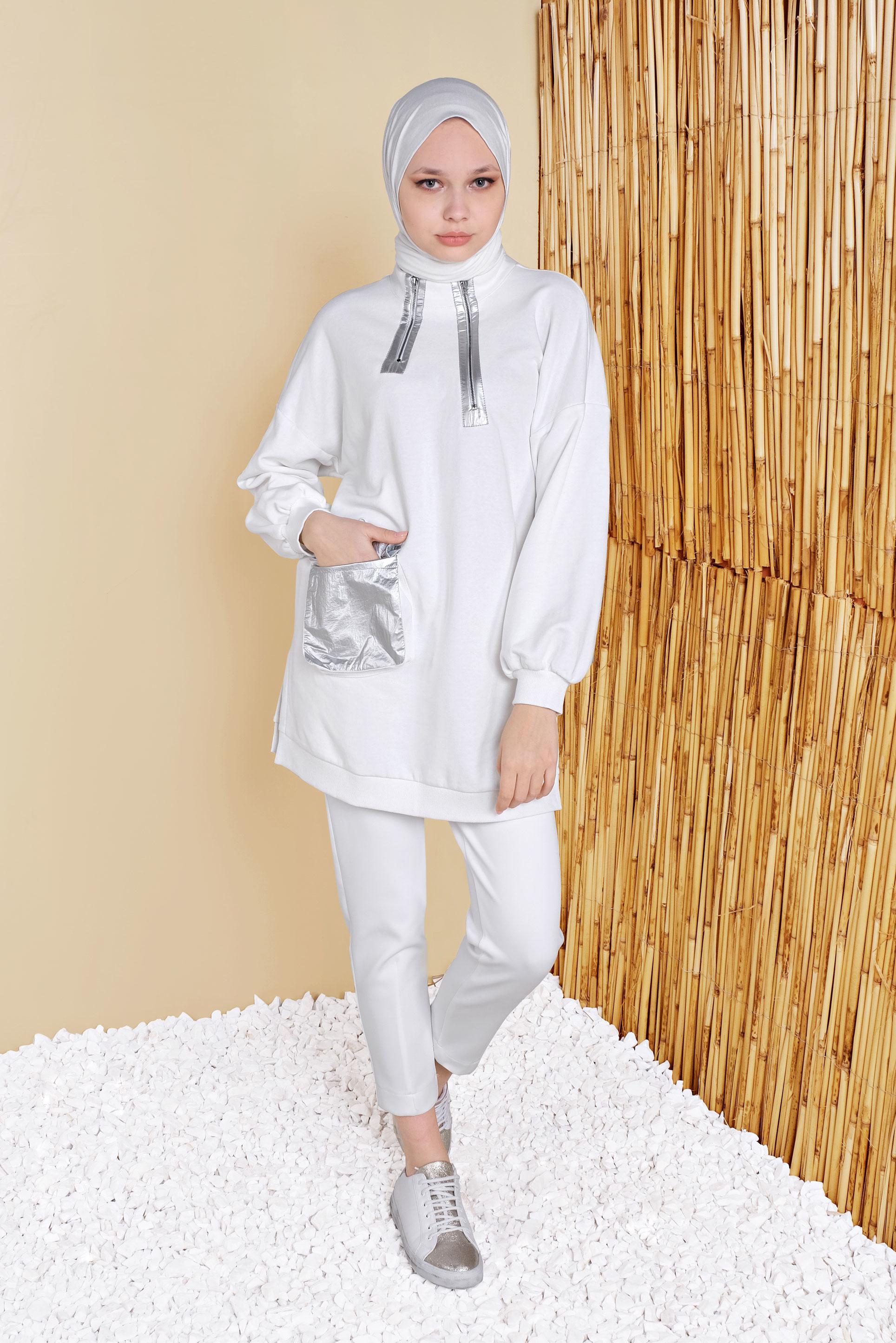 Tesettür giyim BEYAZ CEP VE FERMUAR DETAYLI TUNİK 41795 