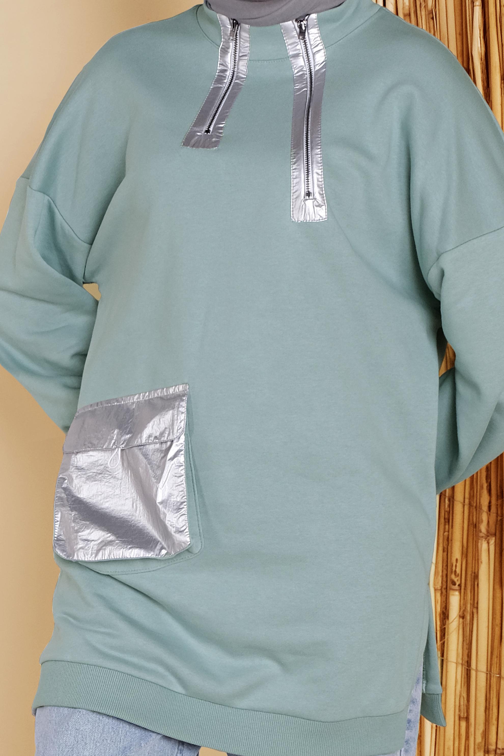 Tesettür giyim YEŞİL CEP VE FERMUAR DETAYLI TUNİK 41795 